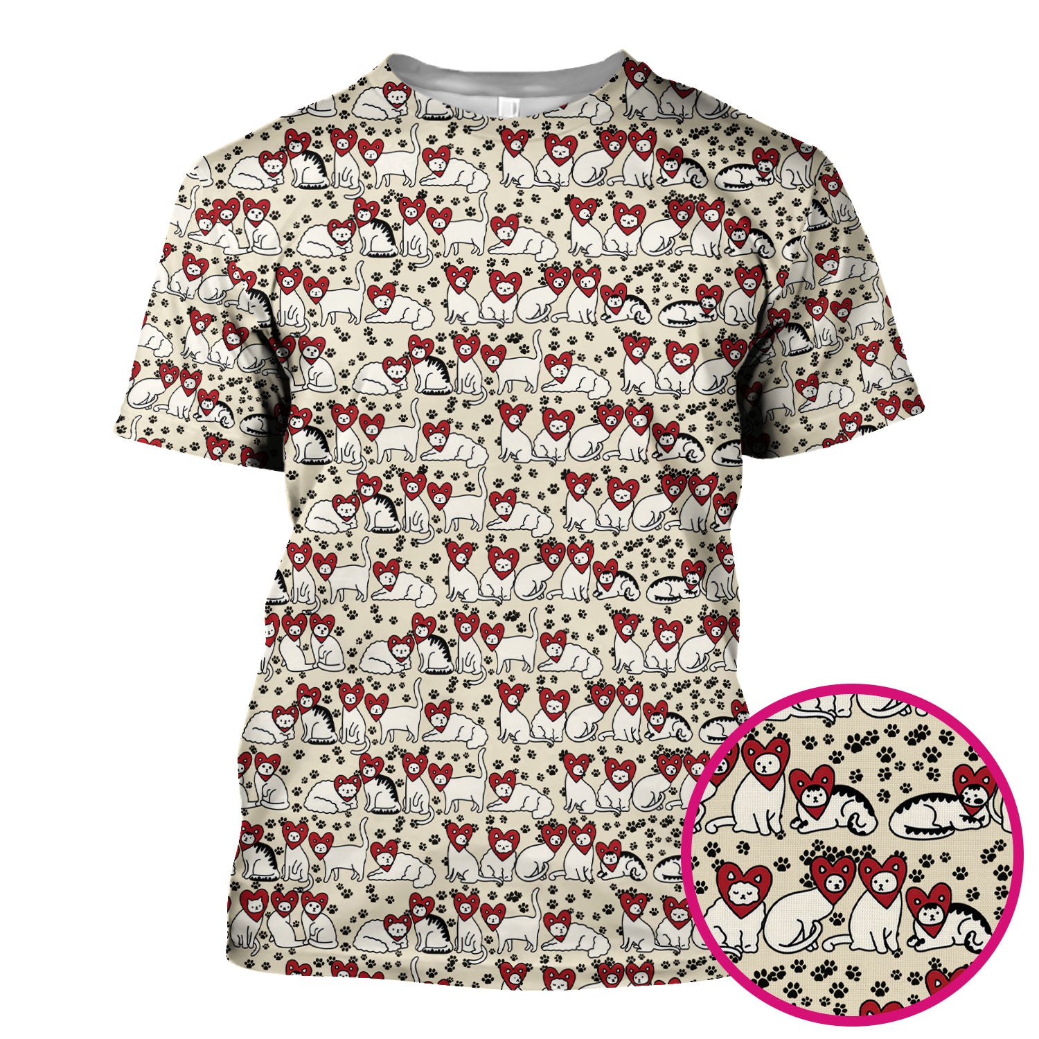 Cute Cat Heart Pattern Scrub Top, Funny Cat Scrub Shirt For Nurses, Breathable Fabrics Nursing Uniform