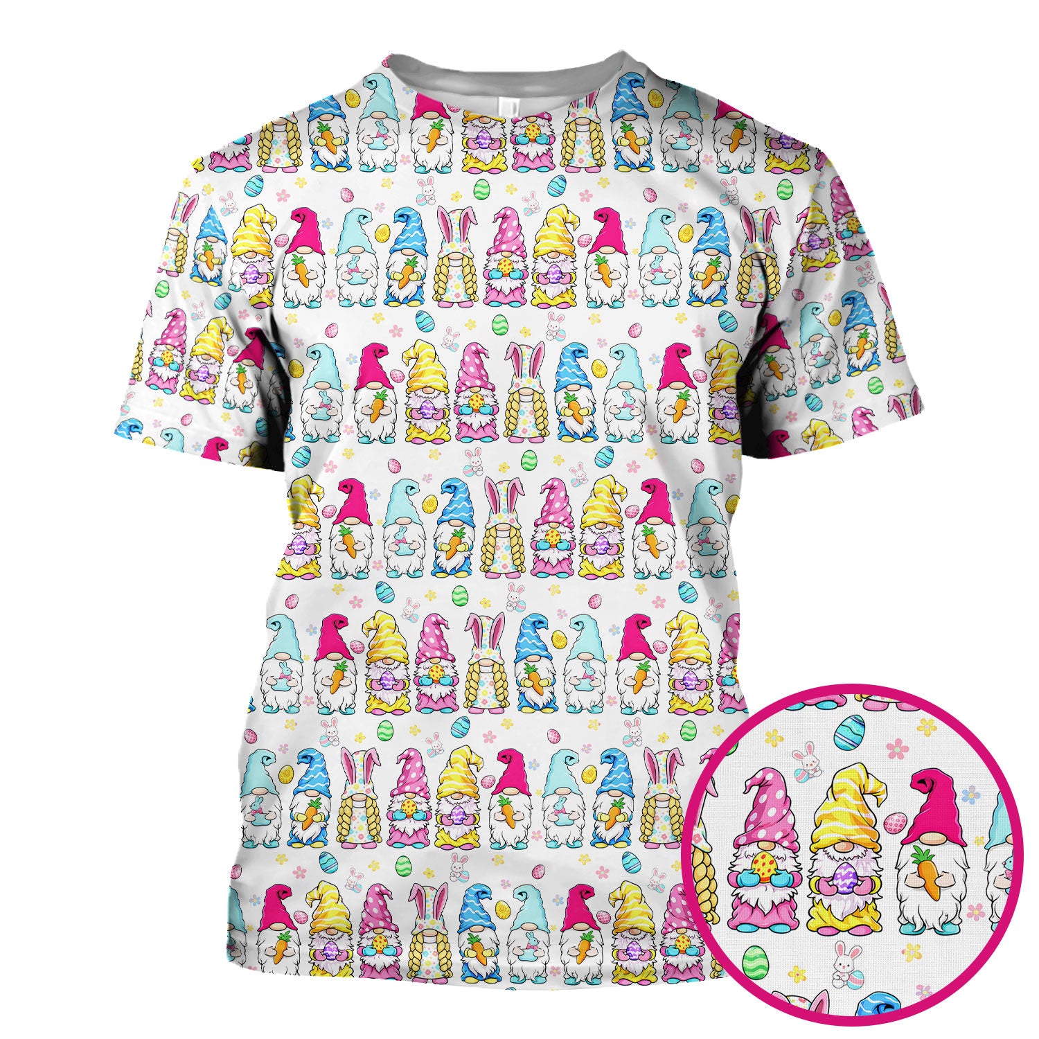 Colorful Easter Gnome Bunny Eggs Print Scrub Top, Comfortable Scrubs for Nurses