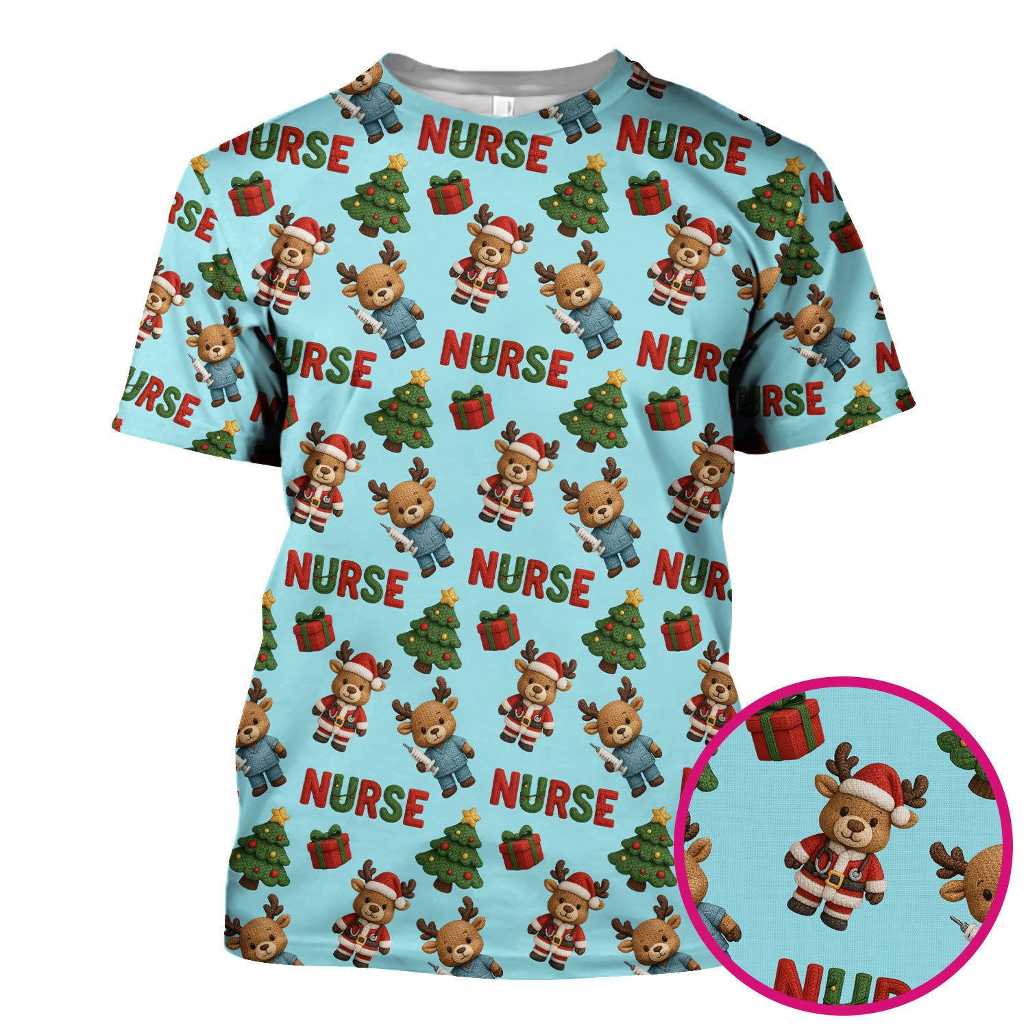 Reindeer Christmas Scrub Top, Cute Holiday Nurse Scrub Shirt, Festive Pattern Nursing Uniform