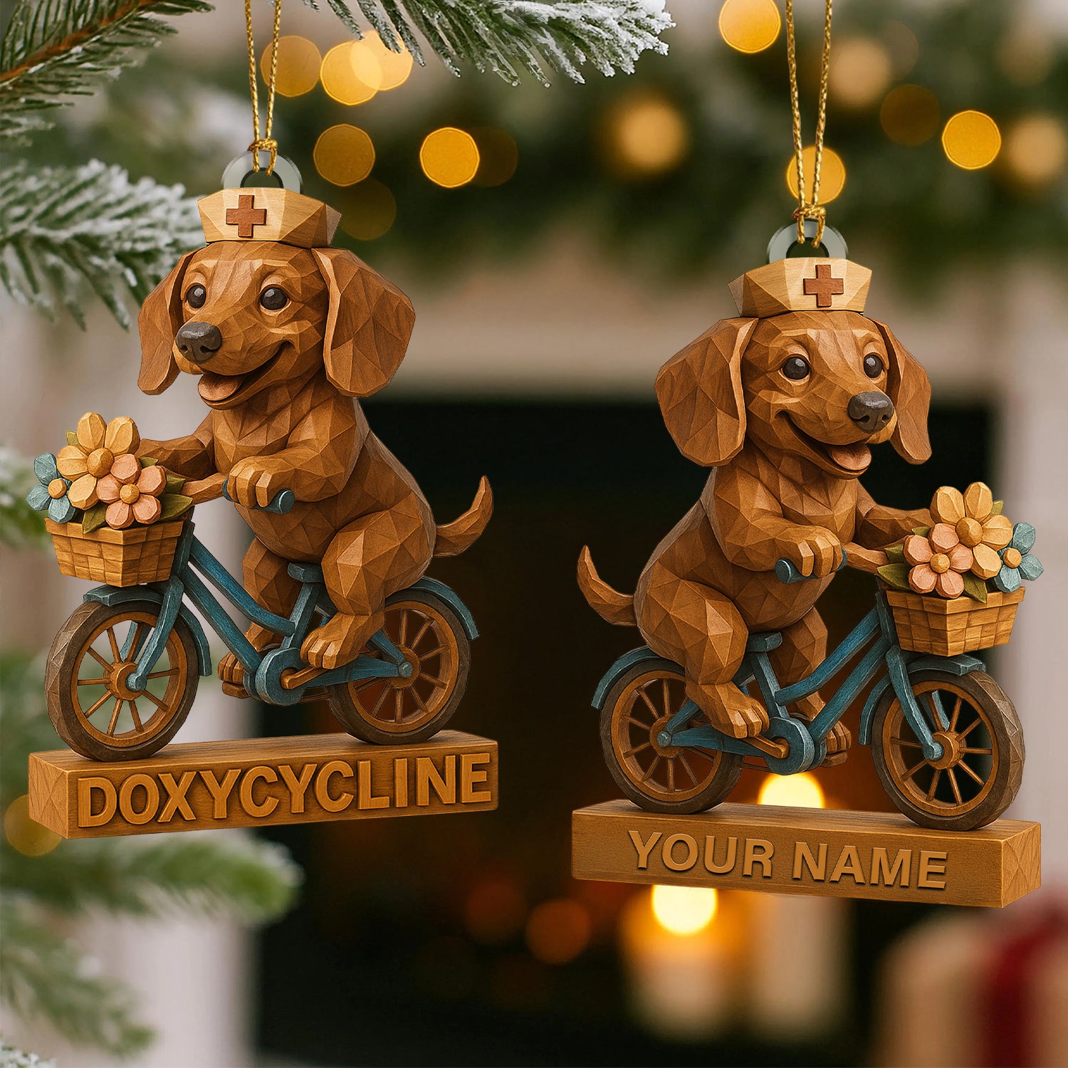 Personalized Dog Cycling Christmas Decor, Custom Name Dachshund Nurse Ornament, Nursing Gift For Dog Lovers
