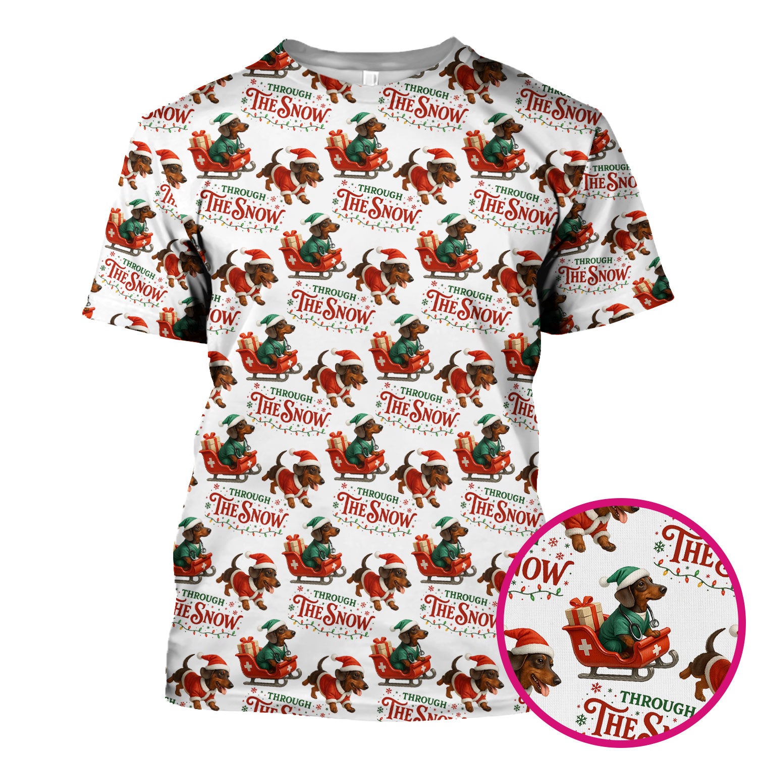 Dachshund Christmas Scrub Top, Cute Dog Nurse Scrub Shirt, Through The Snow Pattern Nursing Uniform