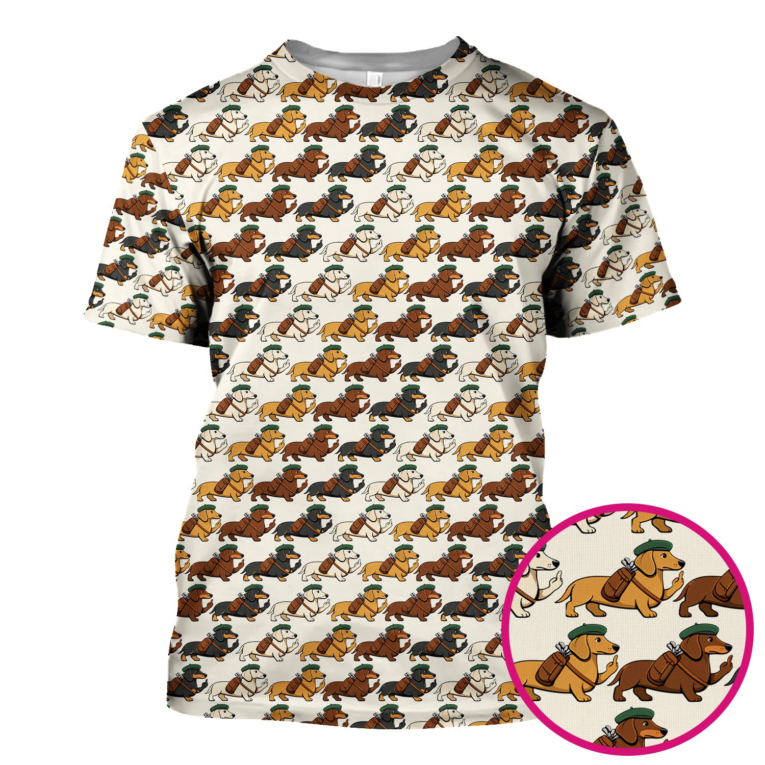 Cartoon Dachshund Dog Wearing Hat And Backpack Pattern Scrub Top, Breathable Fabrics Nursing Uniform