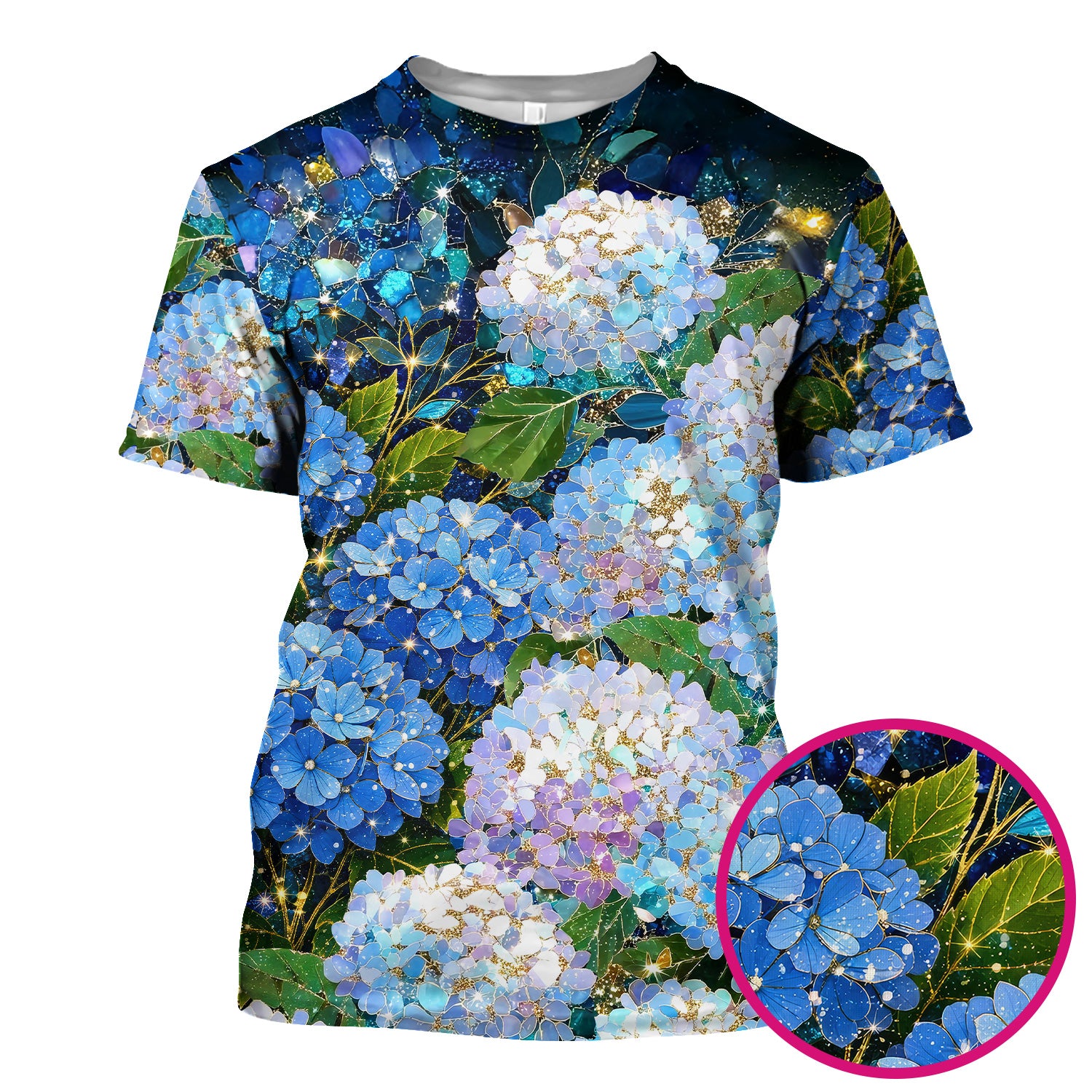 Blue Hydrangea Floral Pattern Scrub Top, Breathable Fabrics Nursing Uniform