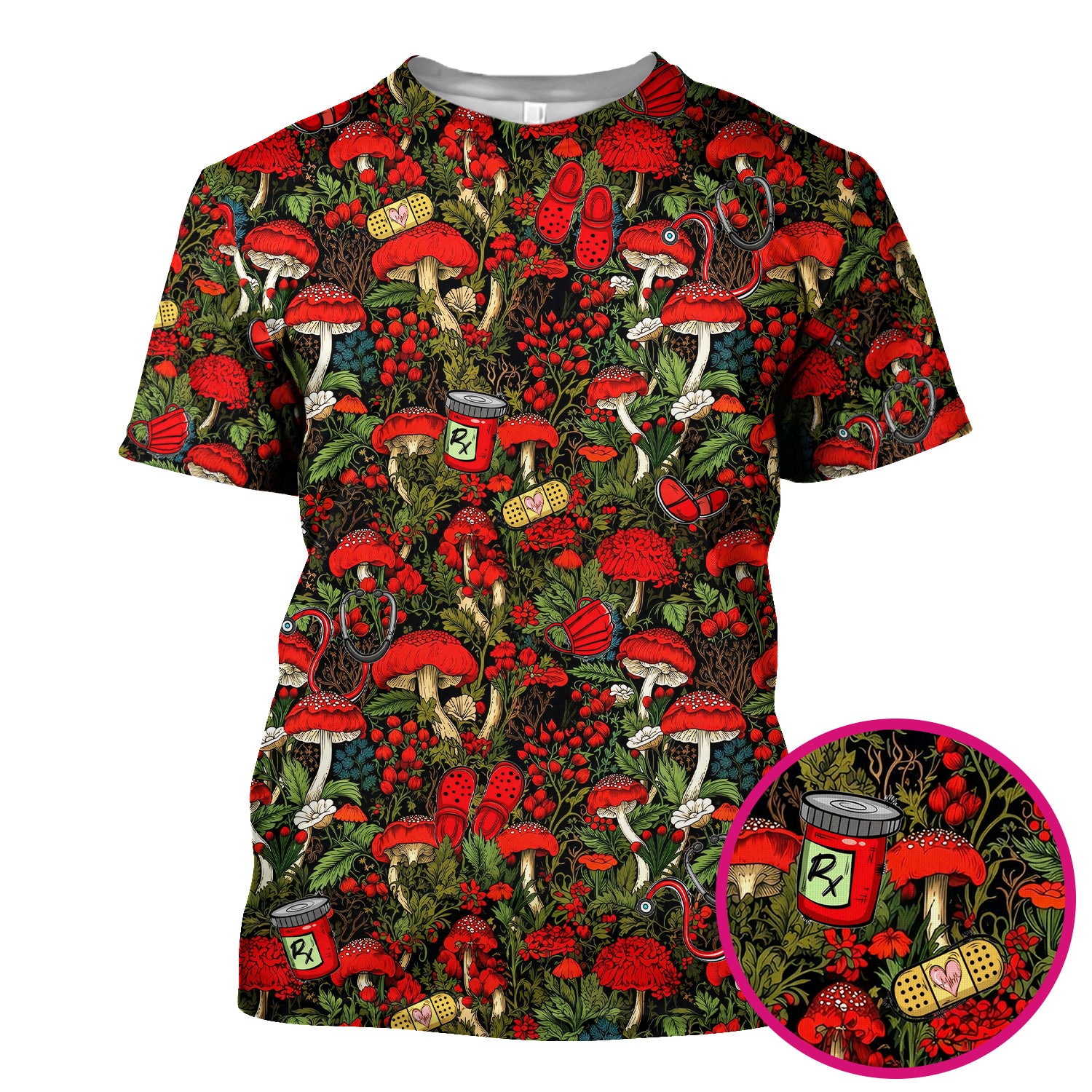 Red Mushroom Medical Forest Pattern Scrub Top, Comfortable Scrubs for Nurses