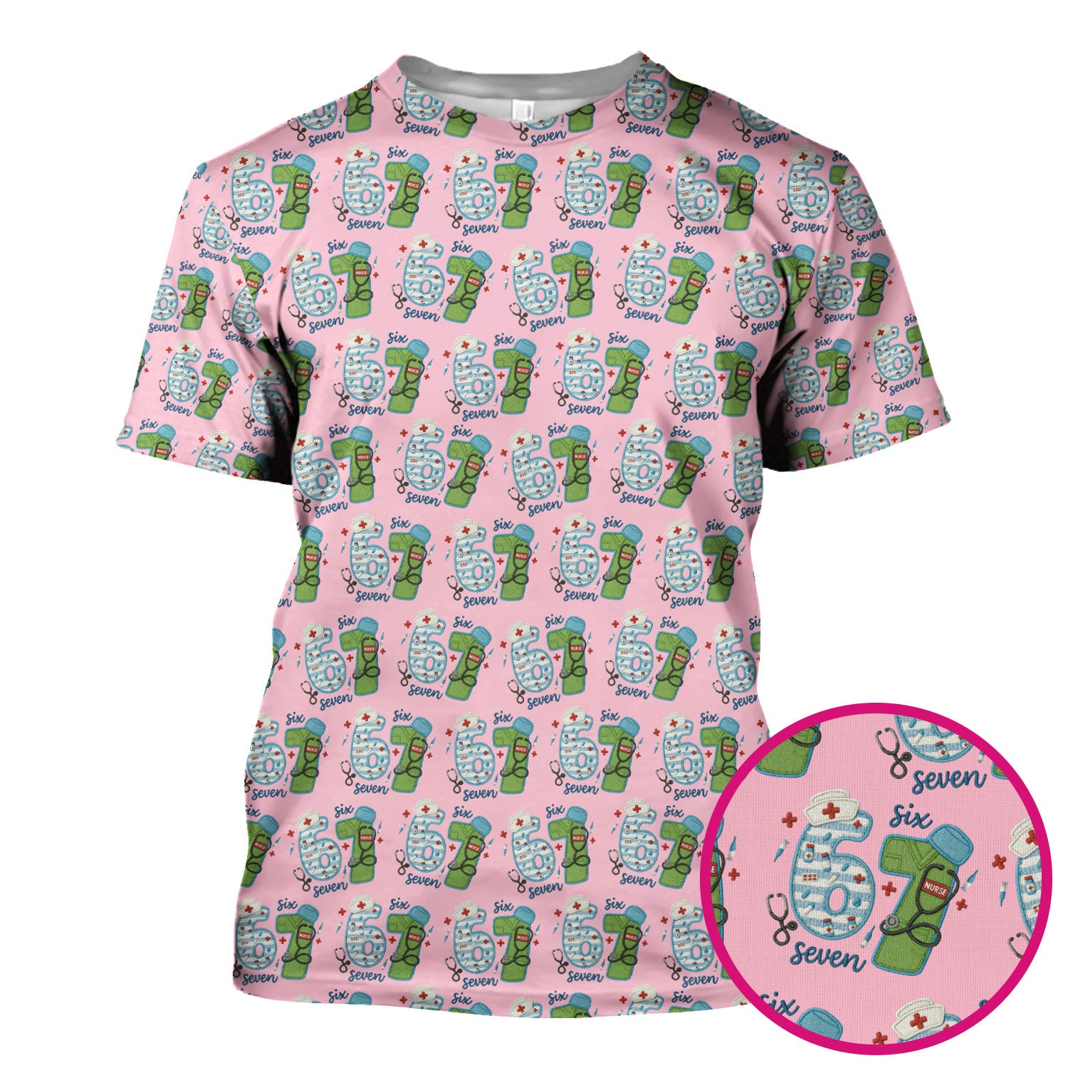 Nurse Six Seven Pattern Scrub Top, Cute Medical Number Print Shirt for Nursing Professionals
