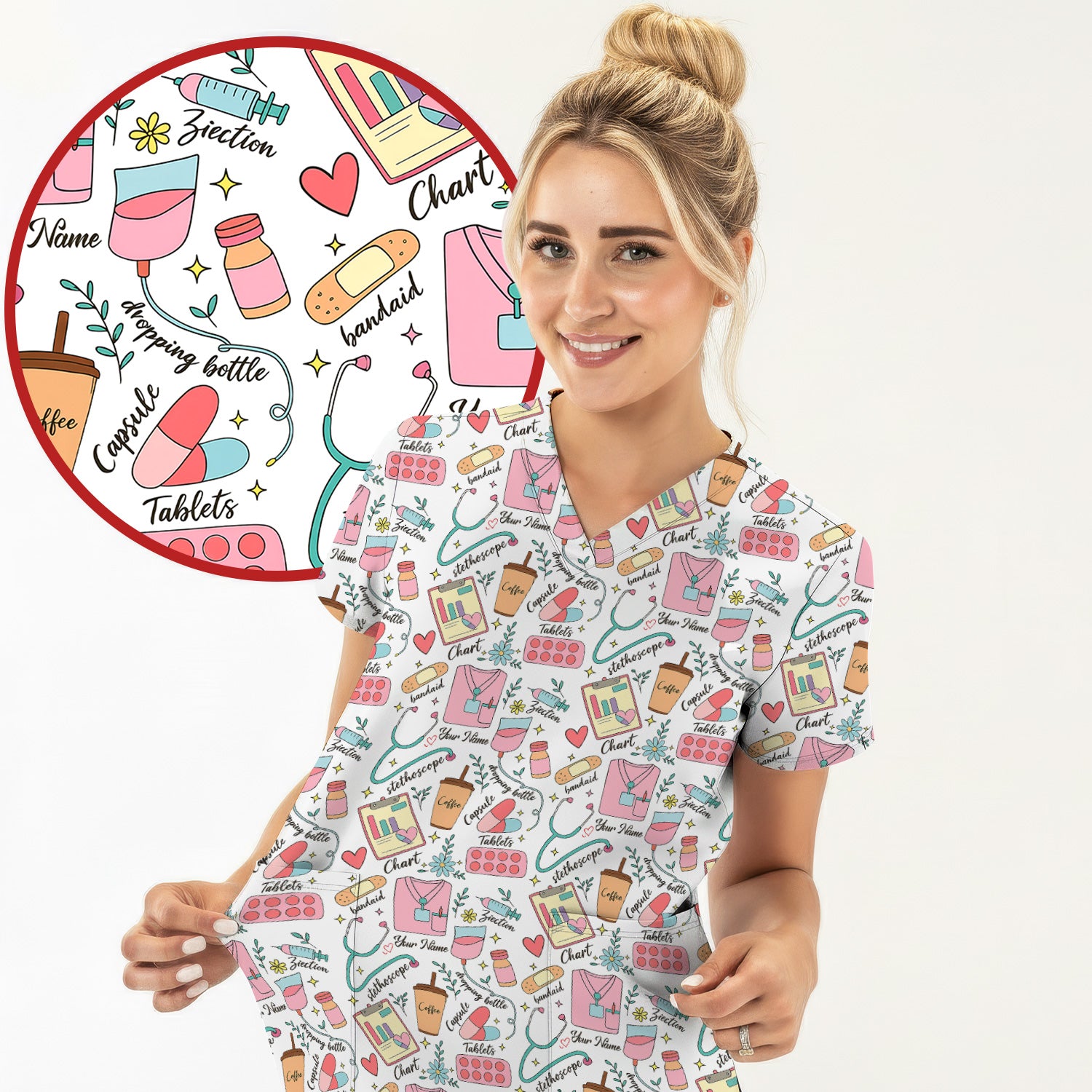Cute Nurse Scrub - Colorful Medical Uniform Shirt with Coffee, Stethoscope & Pills - Fun RN LPN CNA Nursing Gift for Women