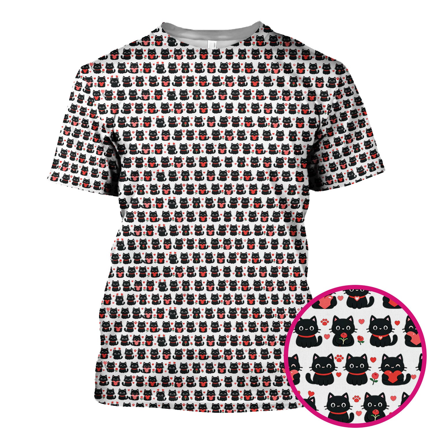 Black Cat Valentine Nurse Scrub Top, Cute Heart Pattern Medical Shirt, Breathable Fabrics Nursing Uniform