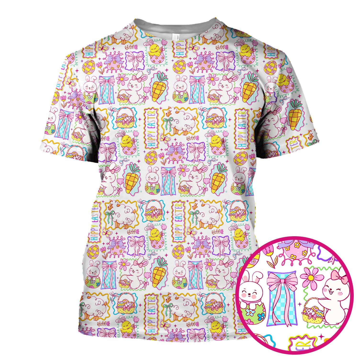 Cute Easter Bunny Egg and Bow Print Scrub Top, Breathable Fabrics Nursing Uniform