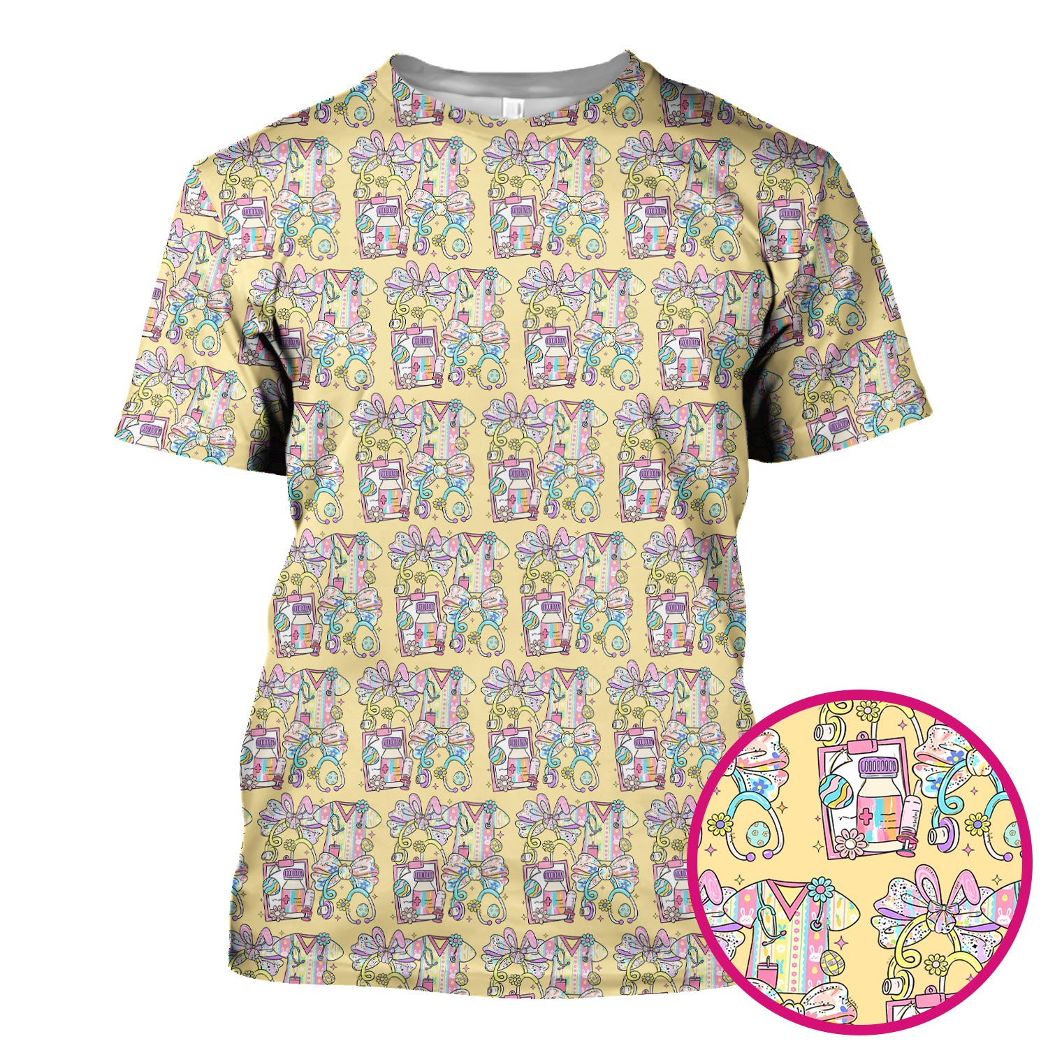 Colorful Nurse Scrub Supplies Pattern Scrub Top, Breathable Fabrics Nursing Uniform