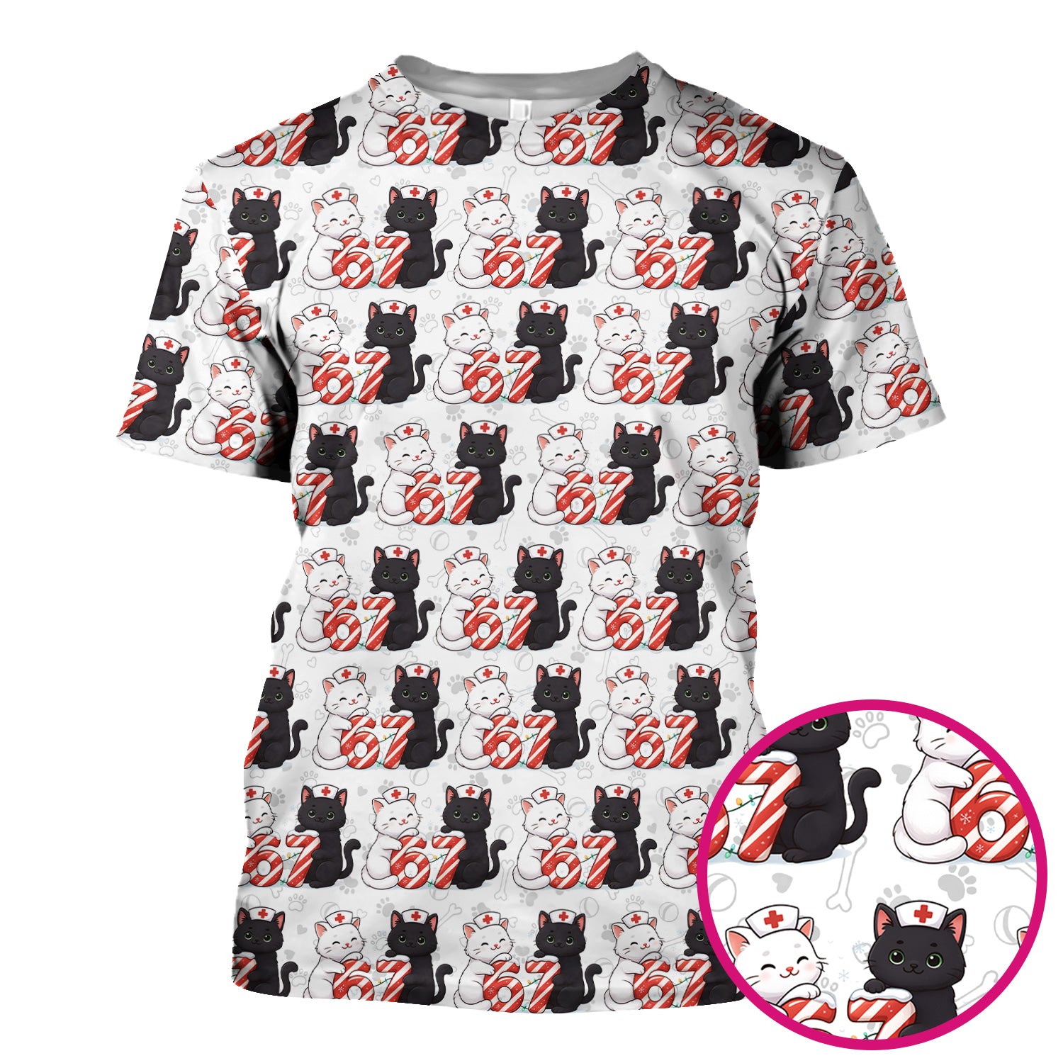 Xmas Cat Pattern Scrub Top, Christmas Nurse Six Seven With Cat Scrub Shirt, Breathable Fabrics Nursing Uniform