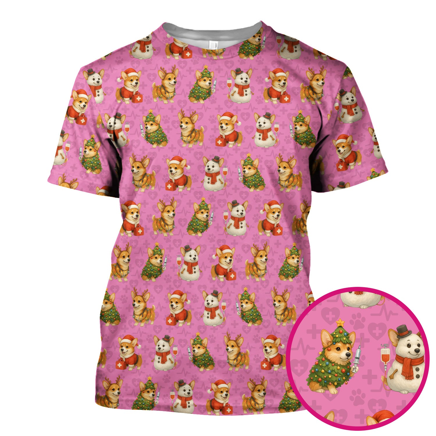 Christmas Scrubs for Women - Cute Corgi Pattern Scrub Top for Nurses - Holiday Corgi Christmas Scrubs Gift Idea