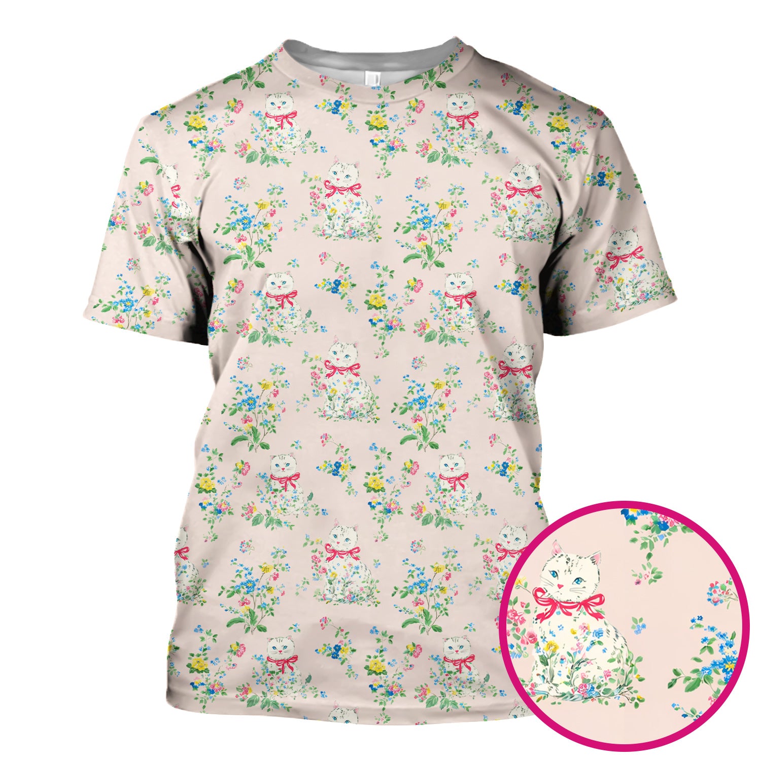Vintage Floral Cat Print Scrub Top, Comfortable Scrubs for Nurses