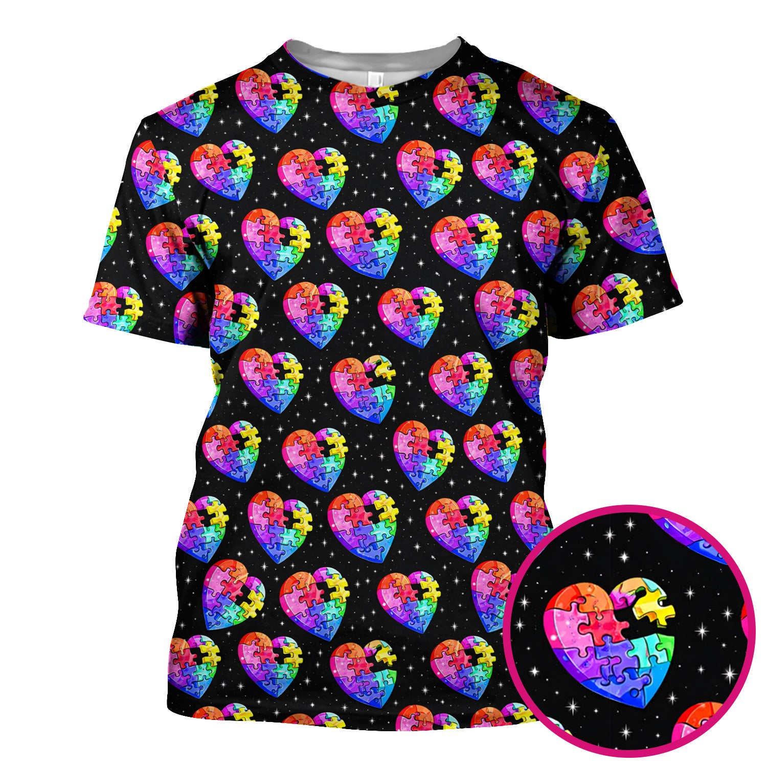 Rainbow Autism Puzzle Heart Pattern Scrub Top, Starry Sky Medical Uniform for Nurses