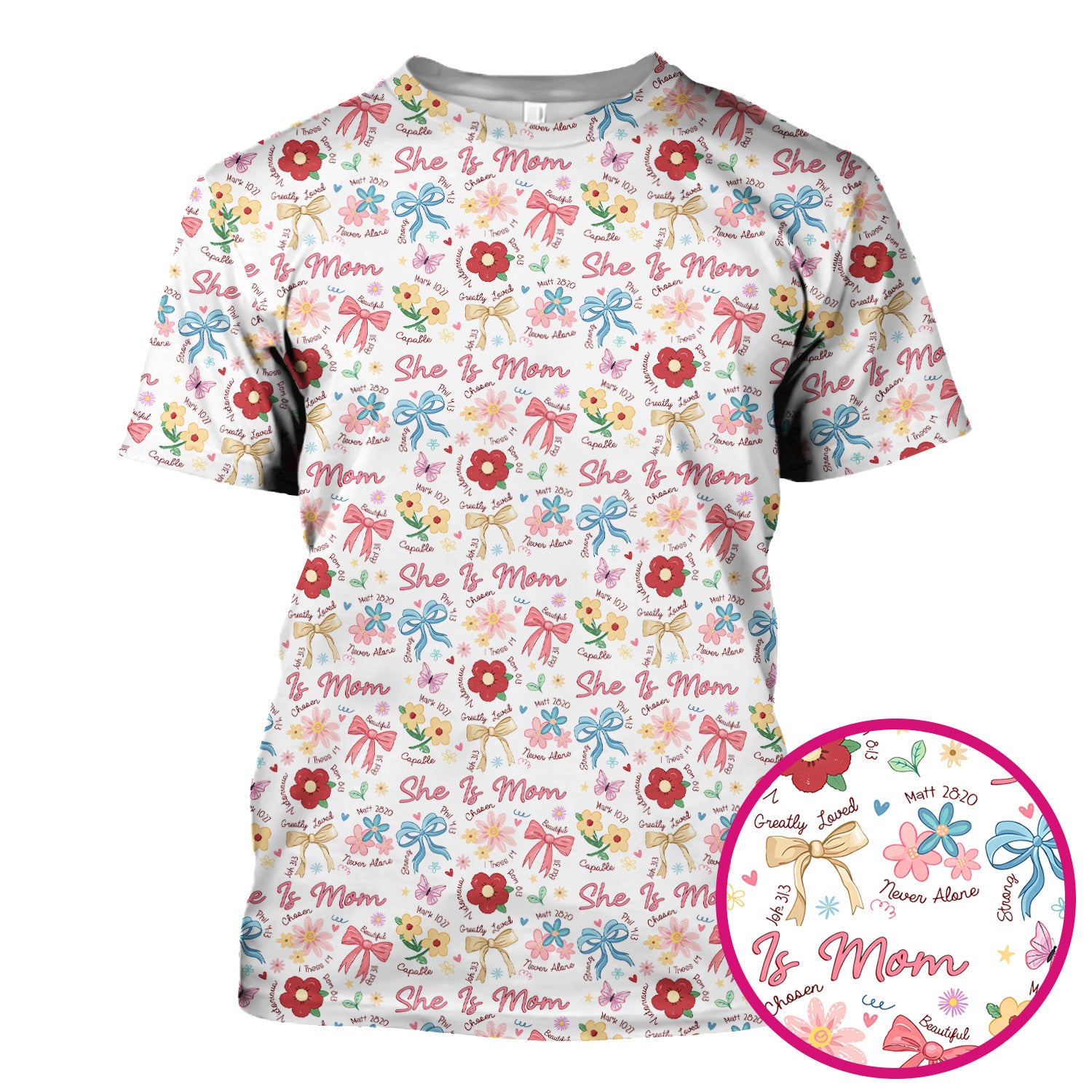 She Is Mom Floral Bow Pattern Scrub Top, Comfortable Scrubs for Nurses