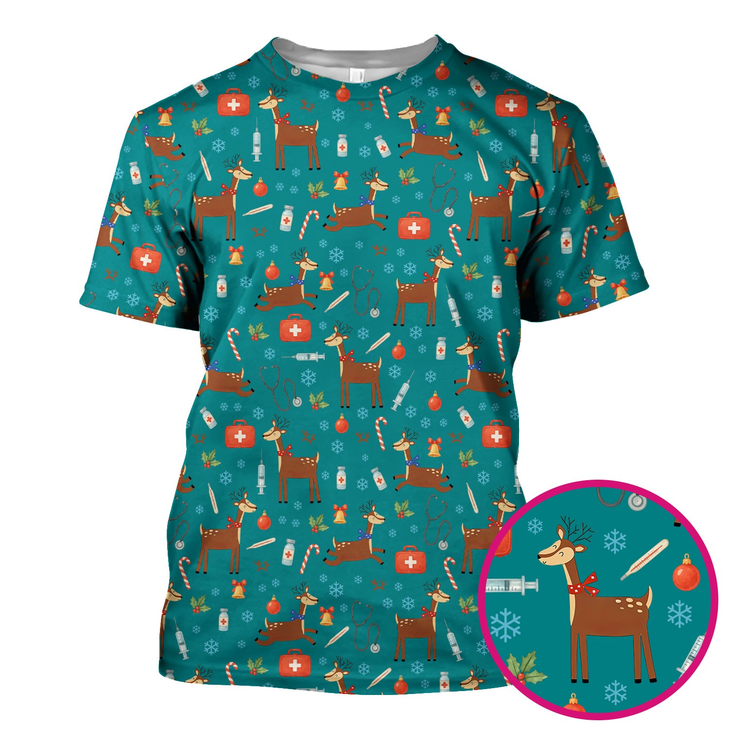 Reindeer Christmas Scrub Top - Snowflakes Candy Canes Holiday Medical Shirt - Xmas Scrubs for Women RN CNA LPN
