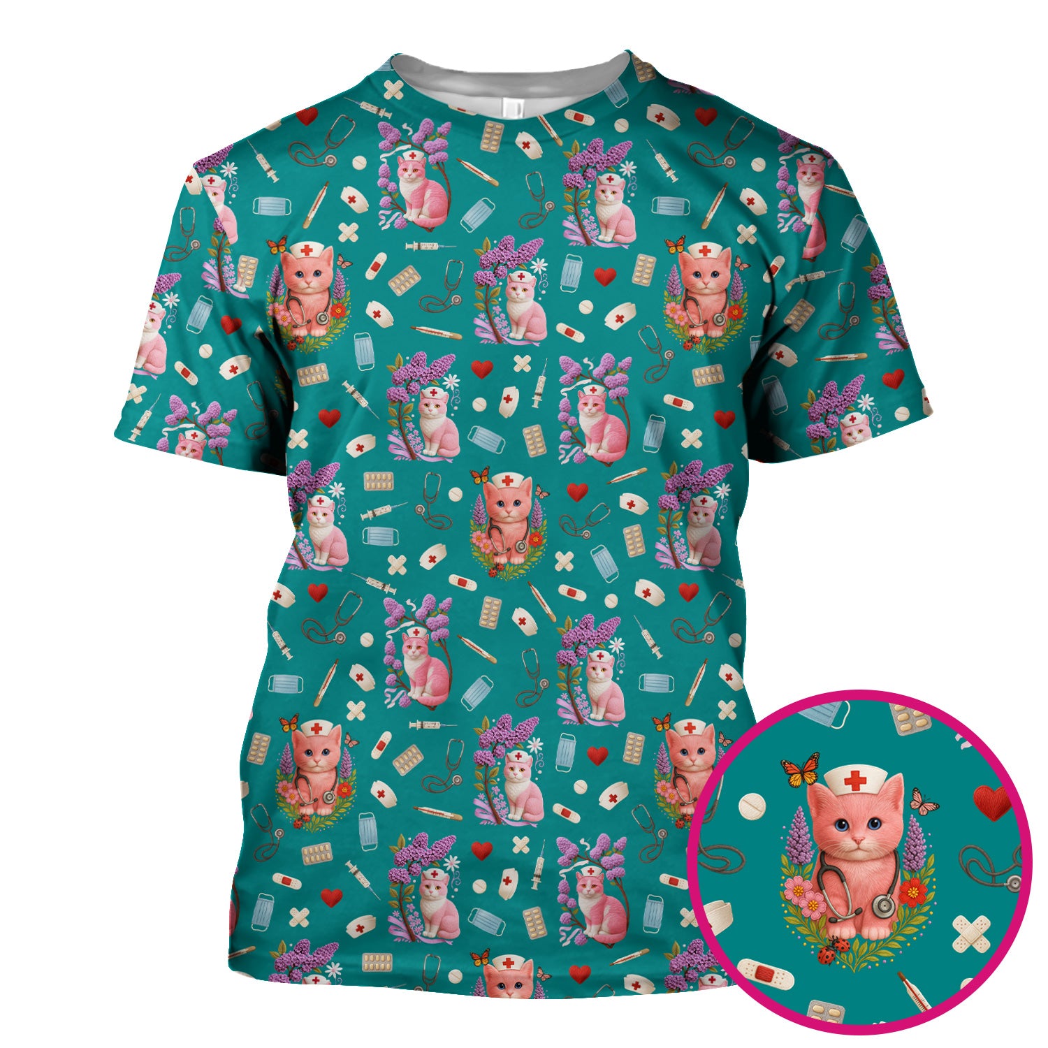 Pink Cat Print Medical Scrub Top - Cute Nurse Shirt for Women - Funny Pattern Gift for RN LPN CNA Healthcare Workers