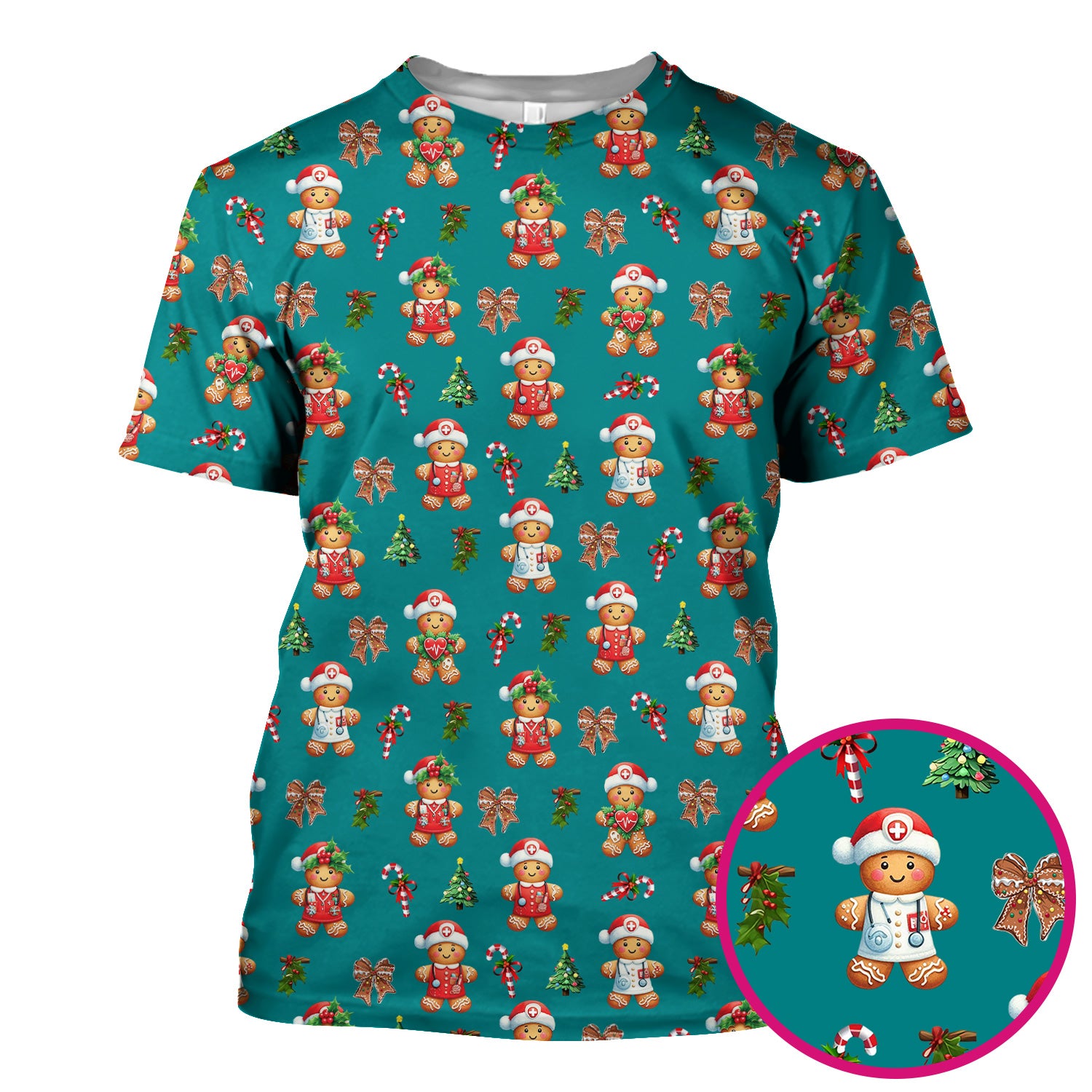Funny Christmas Scrub Top for Nurse - Adorable Gingerbread Candy Cane Bow- Festive Medical Uniform for Women