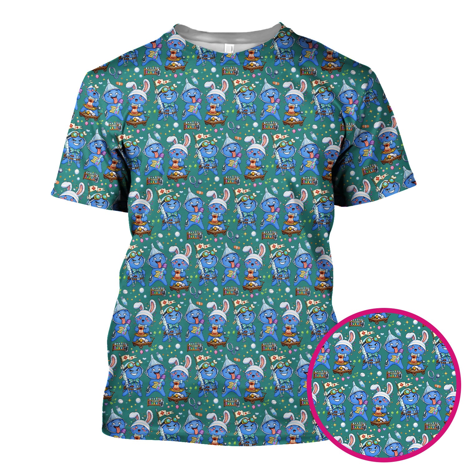 Cute Glove Doll Hospital Medical Cartoon Nurse Pattern Scrub Top, Comfortable Scrubs for Nurses