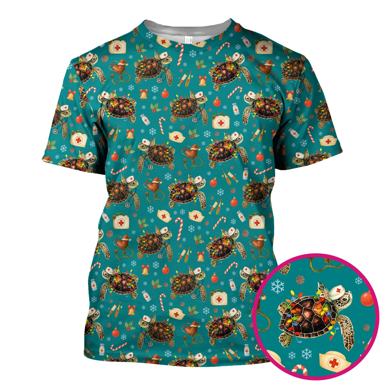 Funny Christmas Scrub Top - Sea Turtle with Xmas Lights Shirt - Holiday Nurse Scrubs for Women