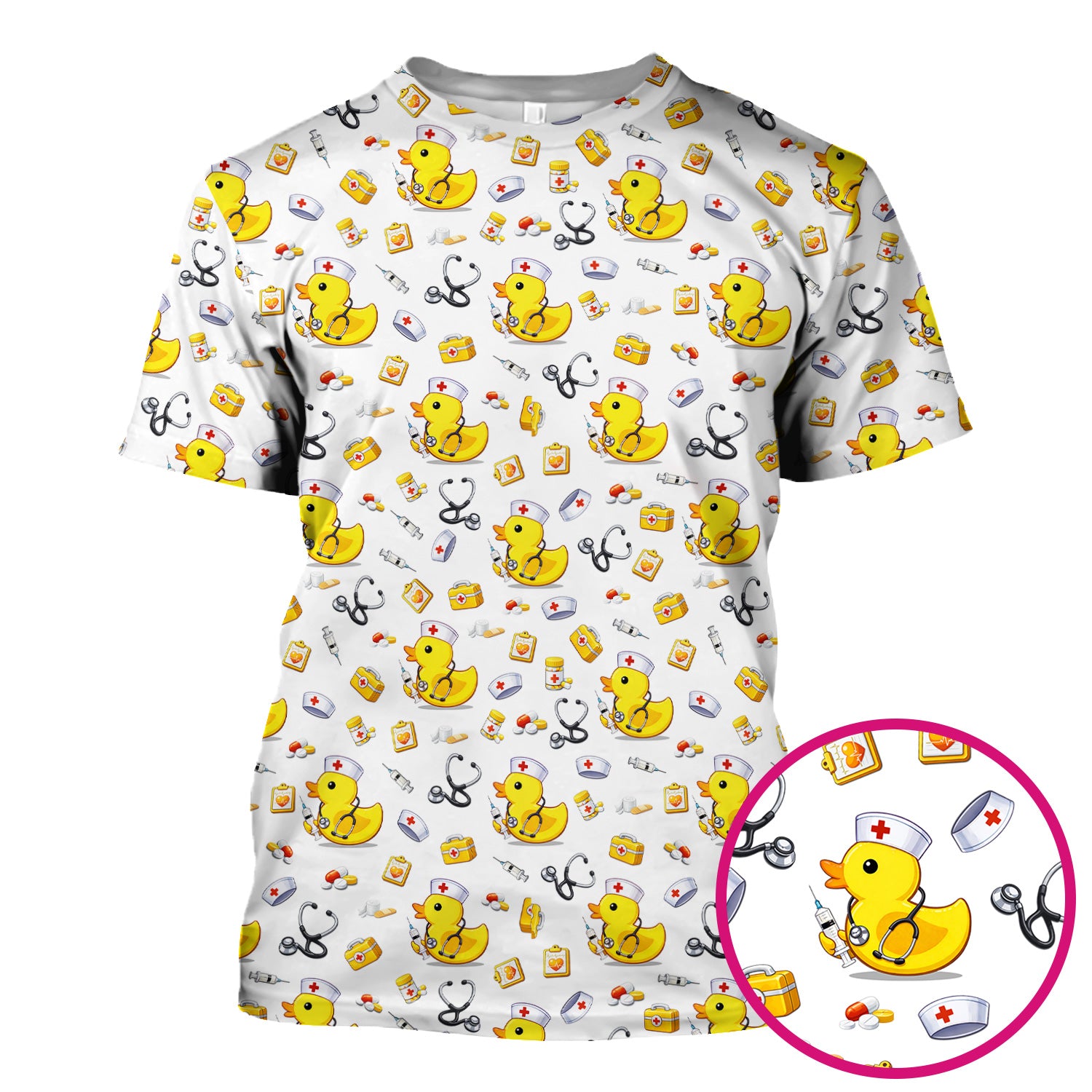 Playful Medical Duck Print Nurse Scrub Top, Comfortable Scrubs for Nurses