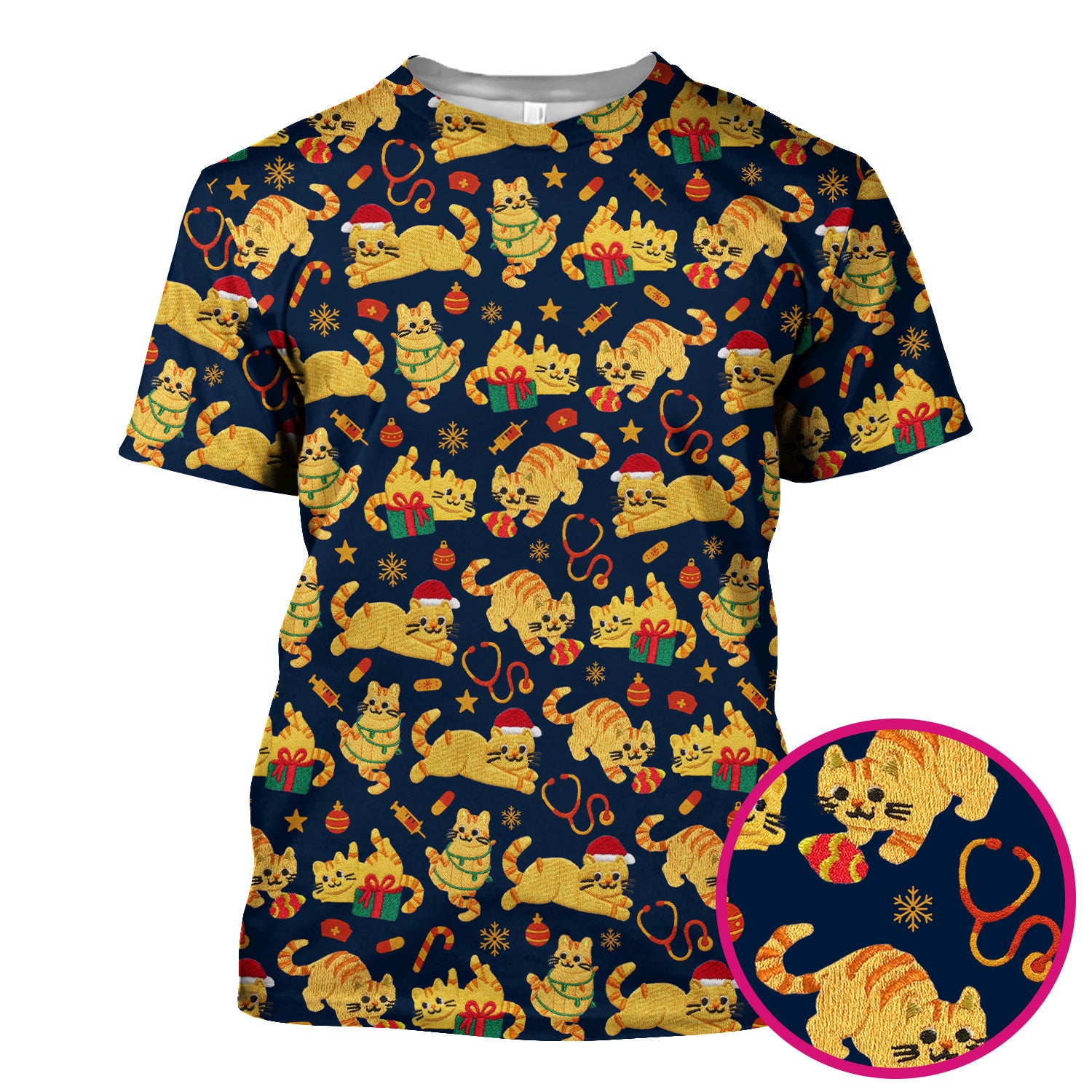 Christmas Cat Nurse Scrub Top, Cute Holiday Kitty Medical Uniform Shirt For Nursing