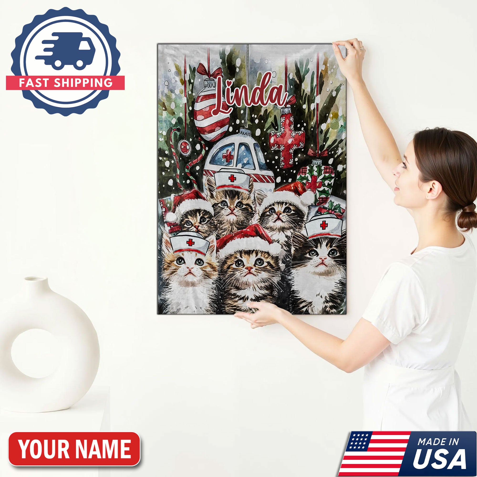 Personalized Nurse Cat Christmas Canvas, Custom Name Nurse Wall Art, Cute Holiday Gift For RN And Cat Lovers