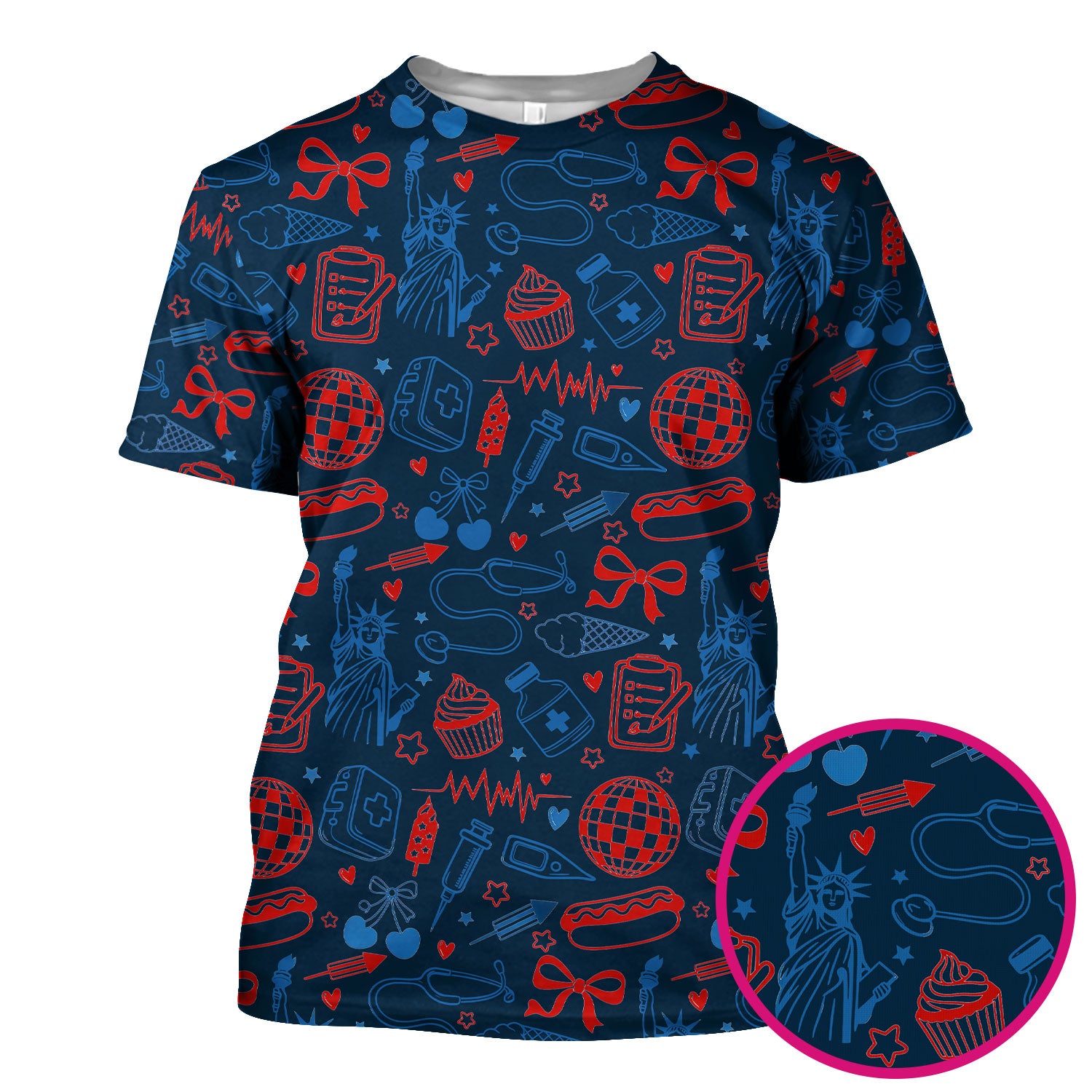 Patriotic Nurse Medical Icons Pattern Scrub Top, Breathable Fabrics Nursing Uniform