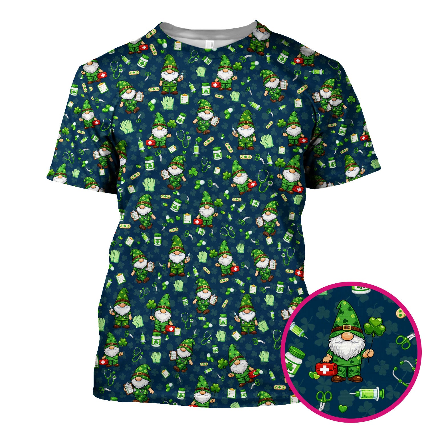 St. Patrick’s Day Nurse Gnome Scrub Top, Green Lucky Medical Pattern Nurse Shirt, Breathable Fabrics Nursing Uniform