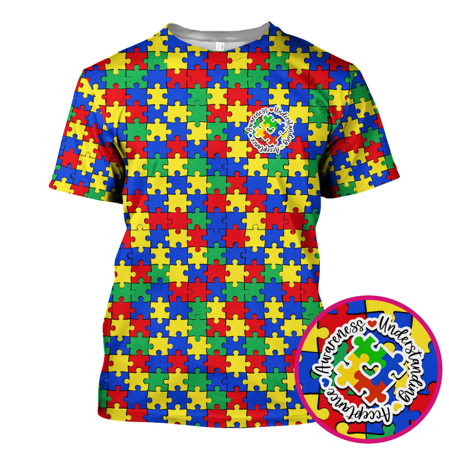 Autism Awareness Puzzle Pattern Scrub Top, Breathable Fabrics Nursing Uniform