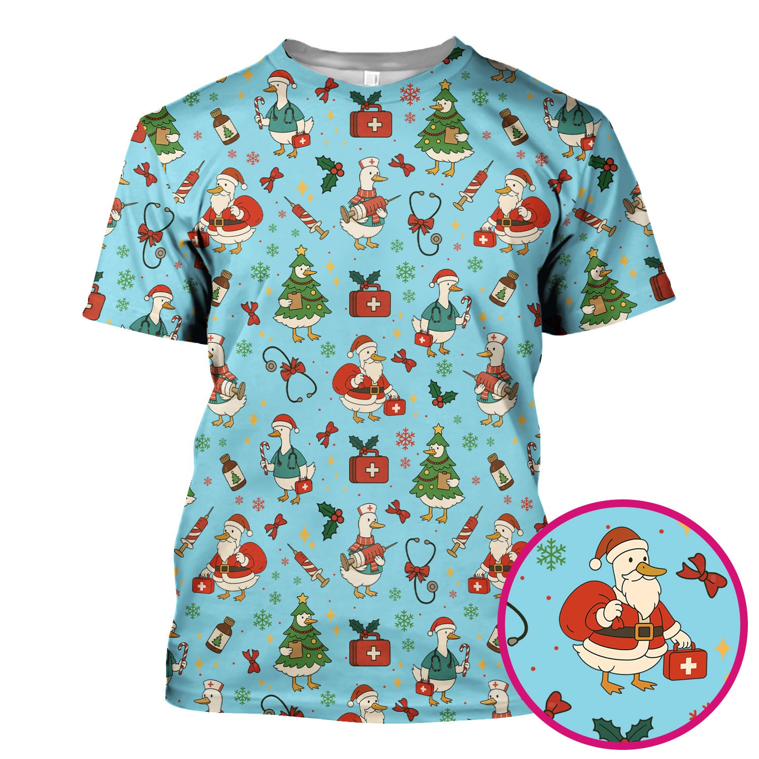Funny Christmas Duck Nurse Scrub Top - Cute Santa Pattern Holiday Shirt for Women - Festive Nursing Outfit Gift for RN LPN CNA