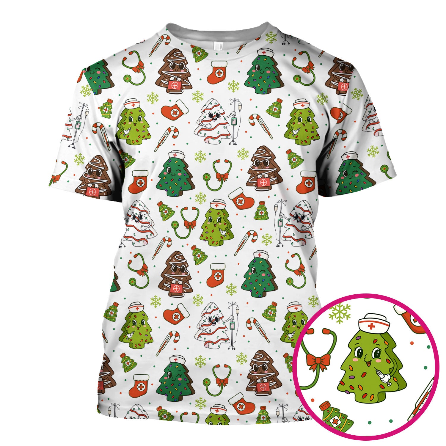 Funny Christmas Nurse Scrub Top - Adorable Tree Pattern Holiday Shirt - Cute Gift for Women RN LPN CNA