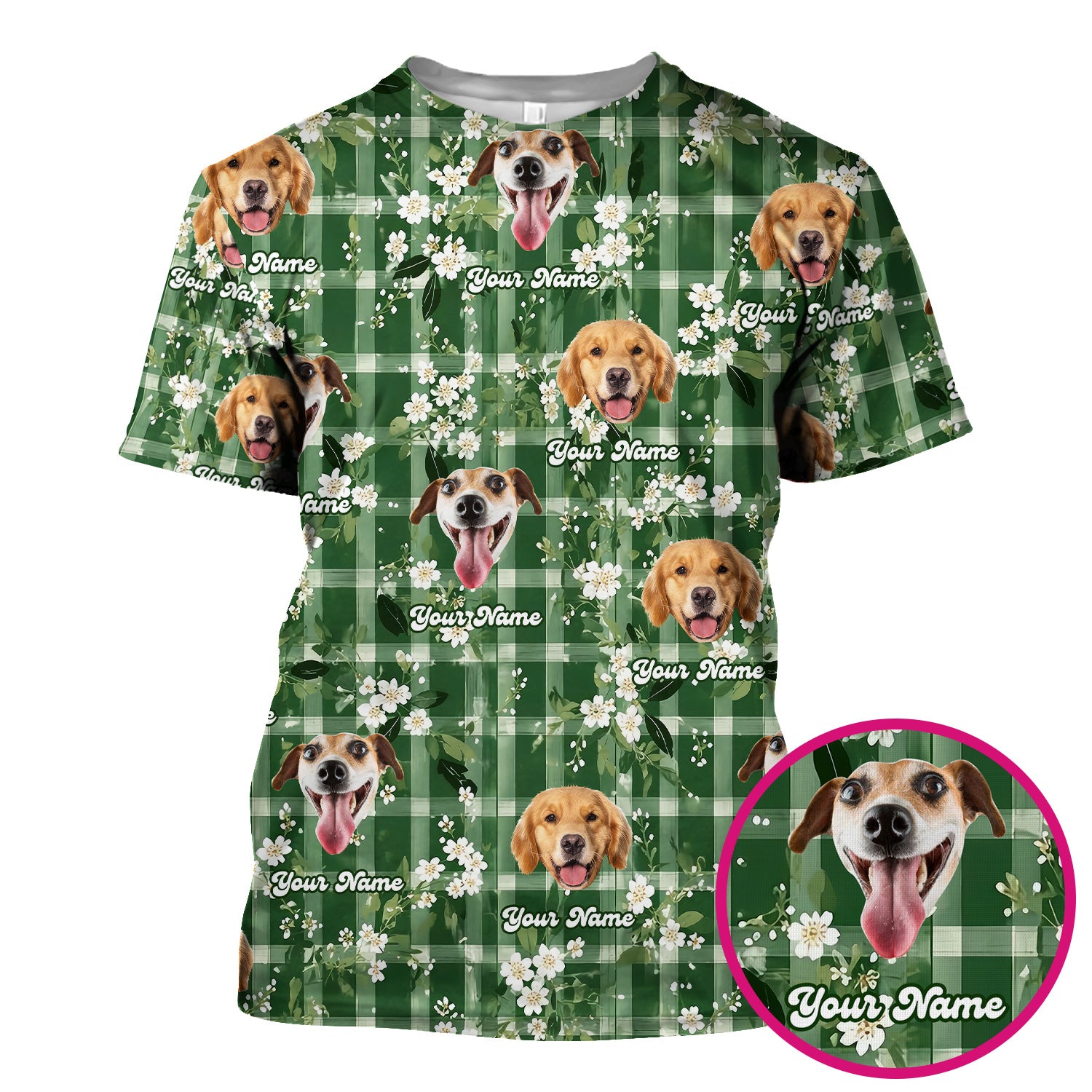 Custom Dog Face Scrub Top, Dog Green Plaid Floral Pattern Shirt, Comfortable Scrubs for Nurses
