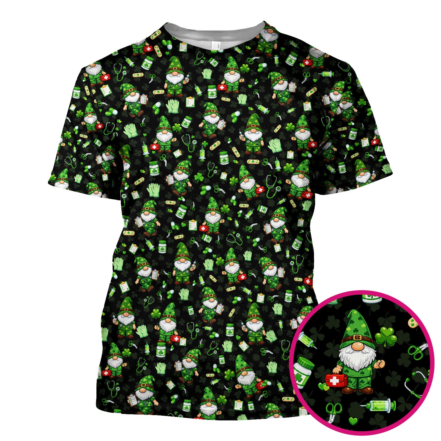 St. Patrick’s Day Nurse Gnome Scrub Top, Green Lucky Medical Pattern Nurse Shirt, Breathable Fabrics Nursing Uniform