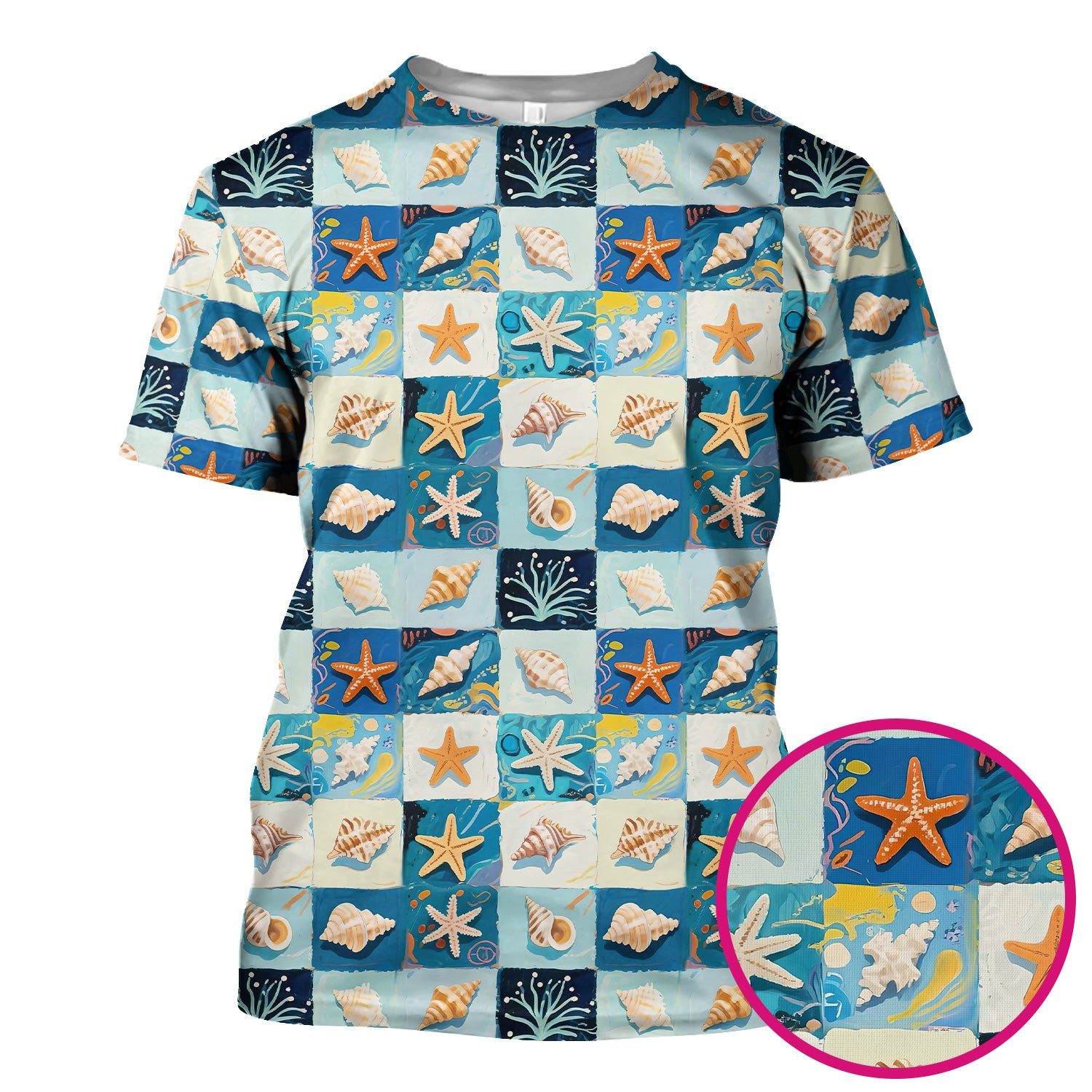 Cute Seashell Starfish Ocean Tile Pattern Scrub Top, Comfortable Scrubs for Nurses