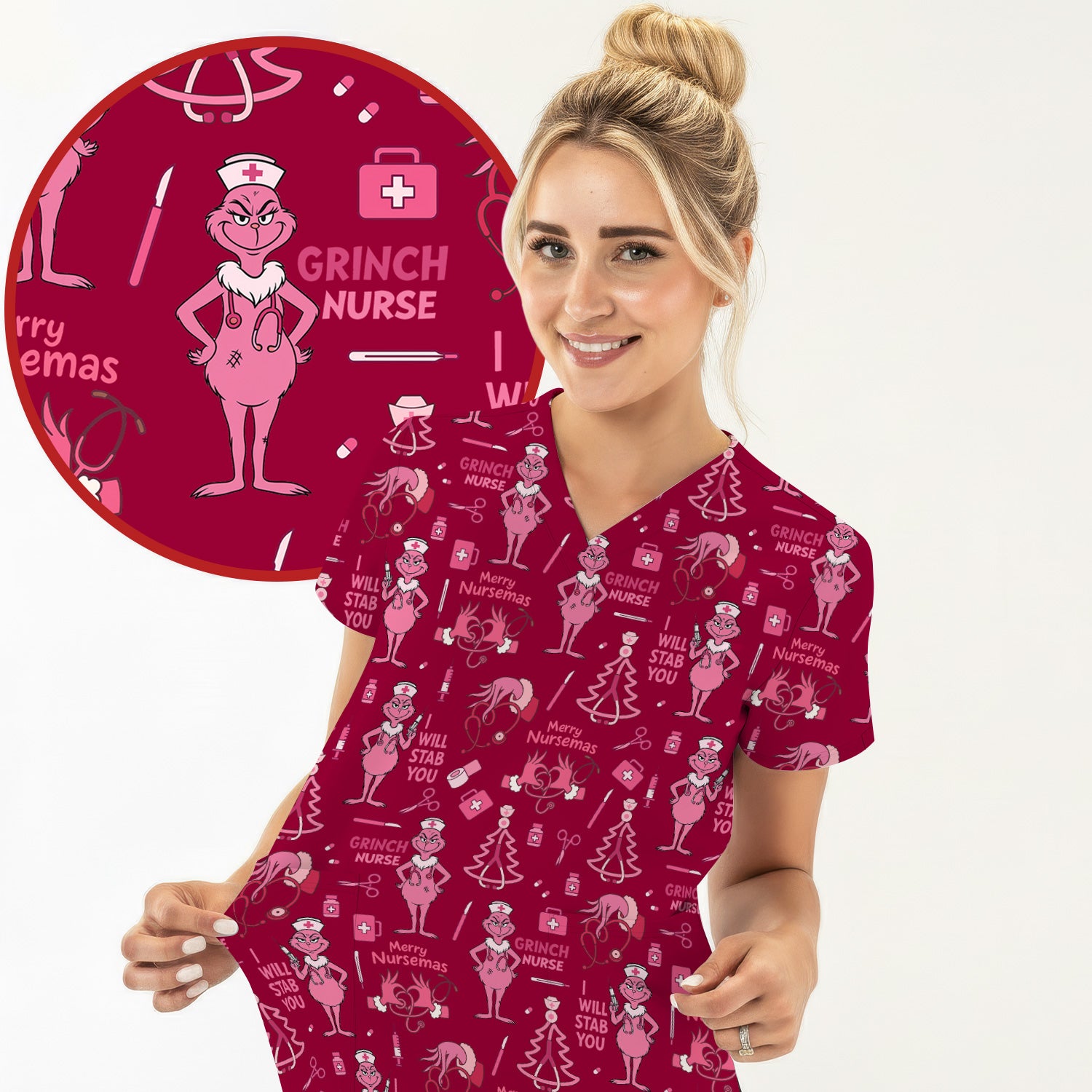 Funny Grinch Nurse Scrub Top - Merry Nursemas Shirt for Women - Multiple Color Options RN LPN CNA Gift