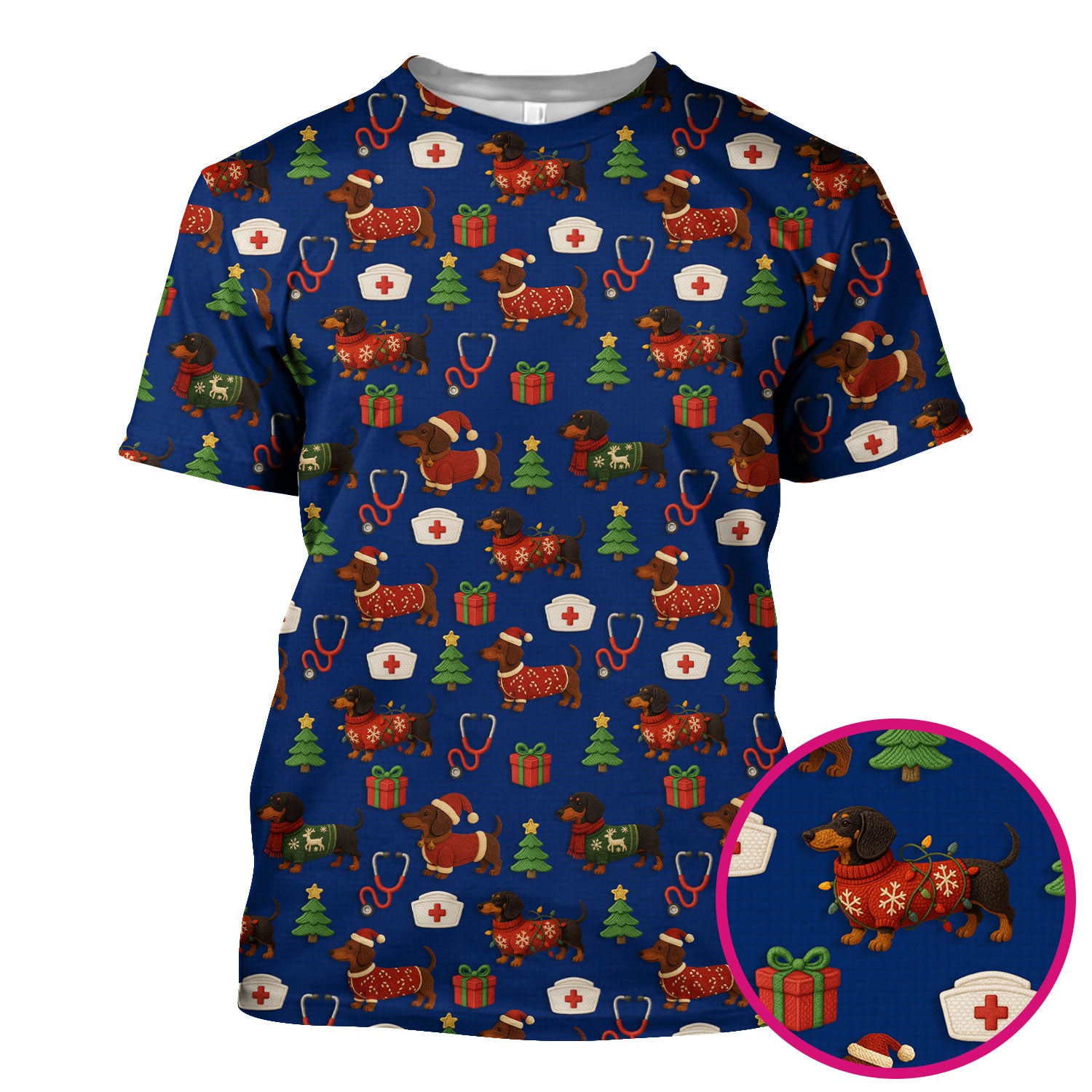 Christmas Nurse Scrubs for Women - Cute Dachshund Dog Print with Holiday Gifts & Trees - Custom Multi Color Nursing Shirt Gift
