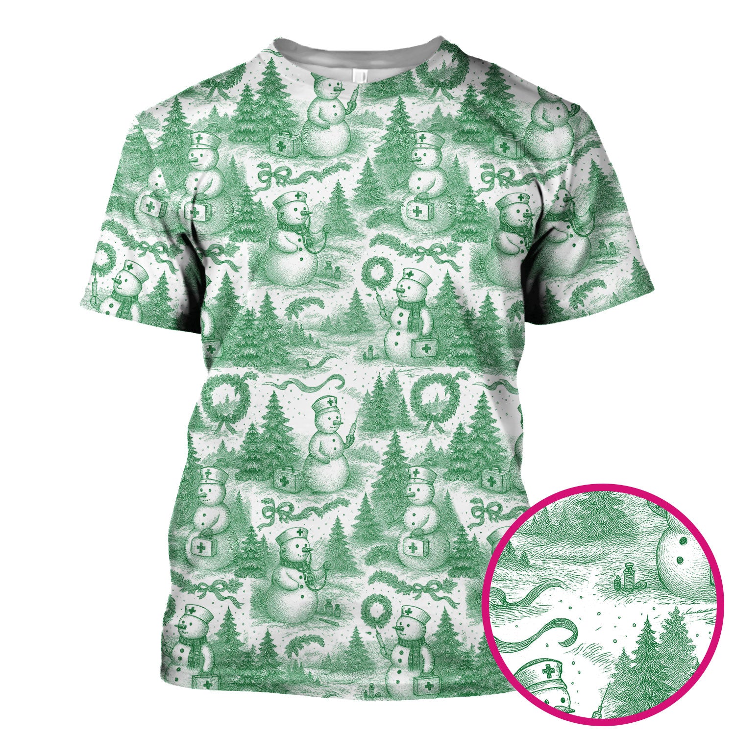 Christmas Scrub Top for Women – Toile de Jouy Snowman and Medical Pattern – Vintage Holiday Nurse Scrubs for Festive Season