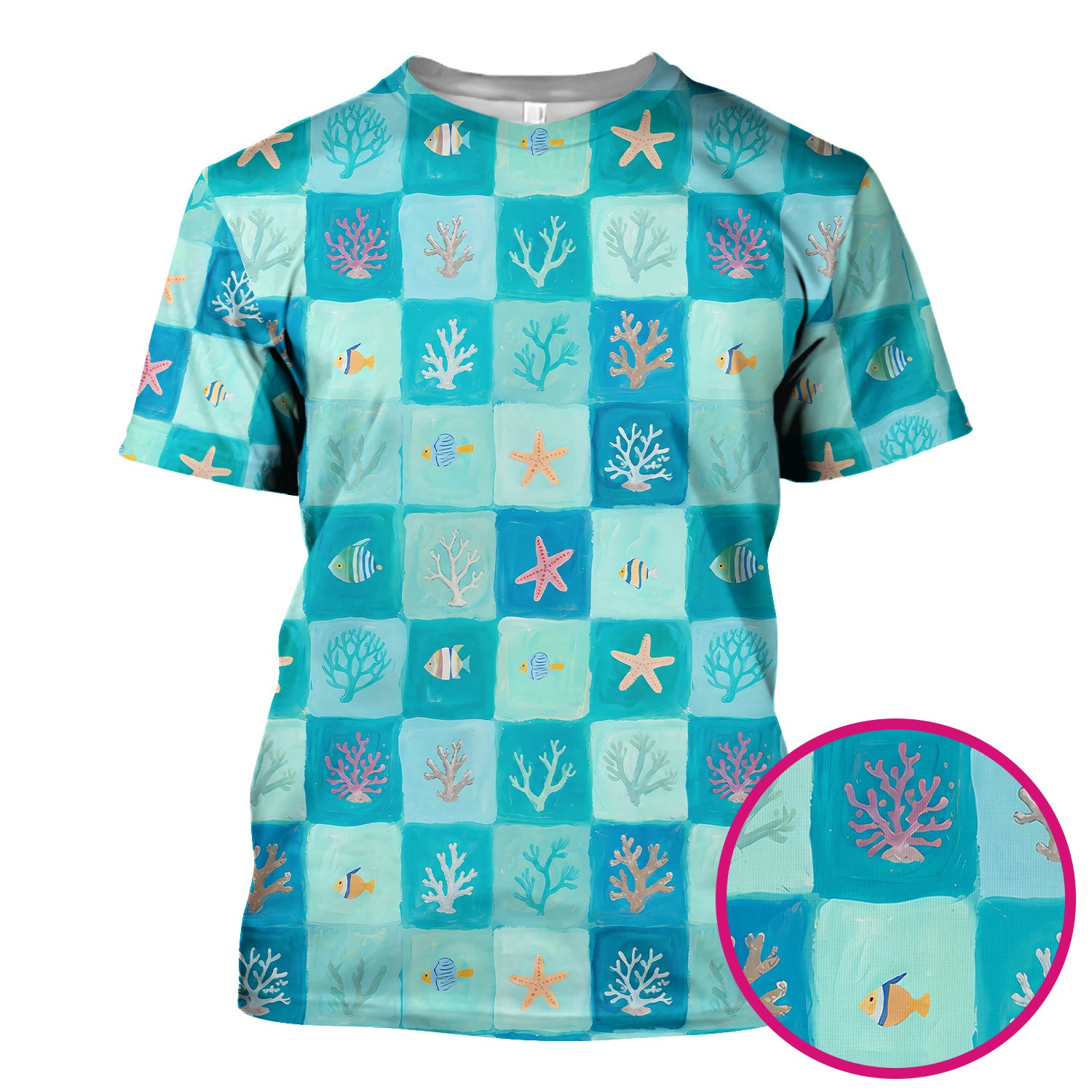 Ocean Coral Fish Checkered Pattern Scrub Top, Comfortable Scrubs for Nurses