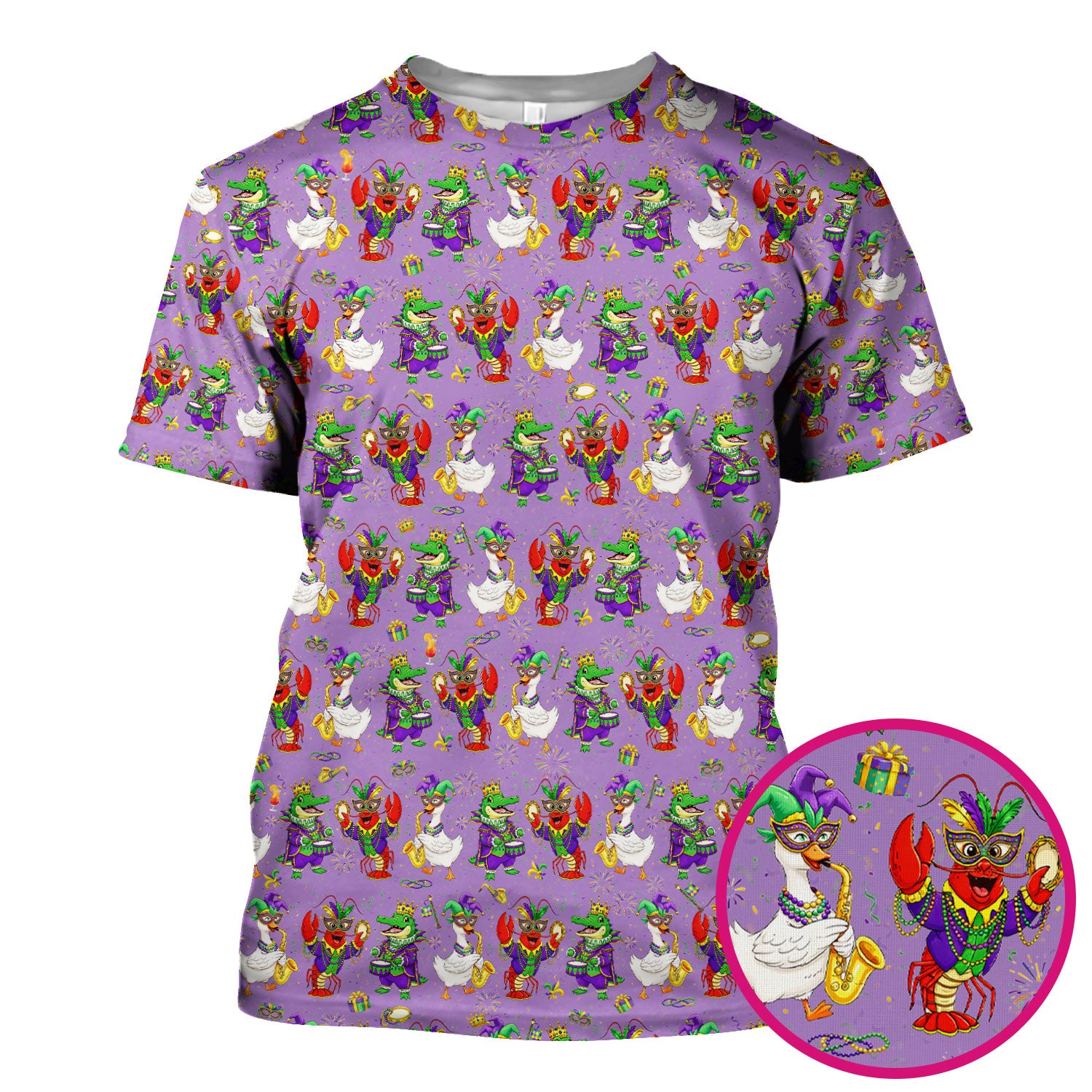 Crawfish And Duck Carnival Scrub Top, Mardi Gras Parade Pattern Nurse Shirt, Breathable Fabrics Nursing Uniform