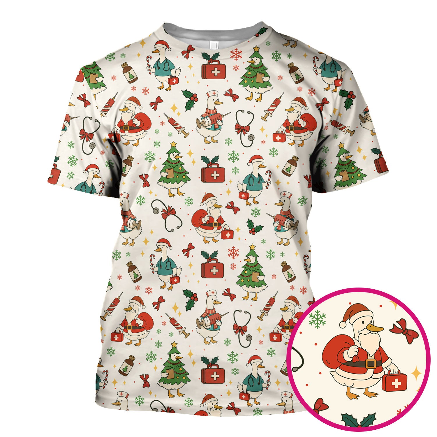 Funny Christmas Duck Nurse Scrub Top - Cute Santa Pattern Holiday Shirt for Women - Festive Nursing Outfit Gift for RN LPN CNA