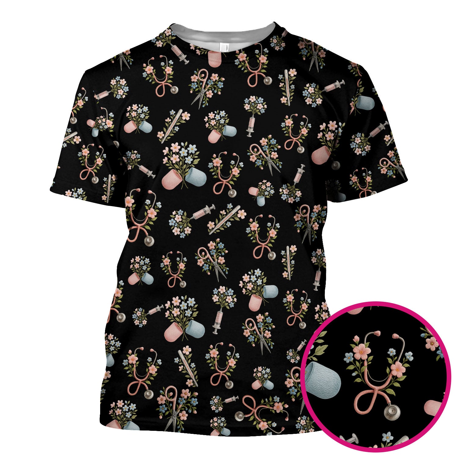 Floral Medical Scrub Top, Elegant Stethoscope With Flower Nursing Shirt, Breathable Fabrics Nurse Uniform