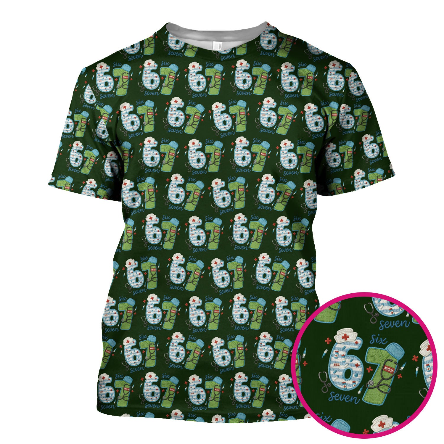 Nurse Six Seven Pattern Scrub Top, Cute Medical Number Print Shirt for Nursing Professionals