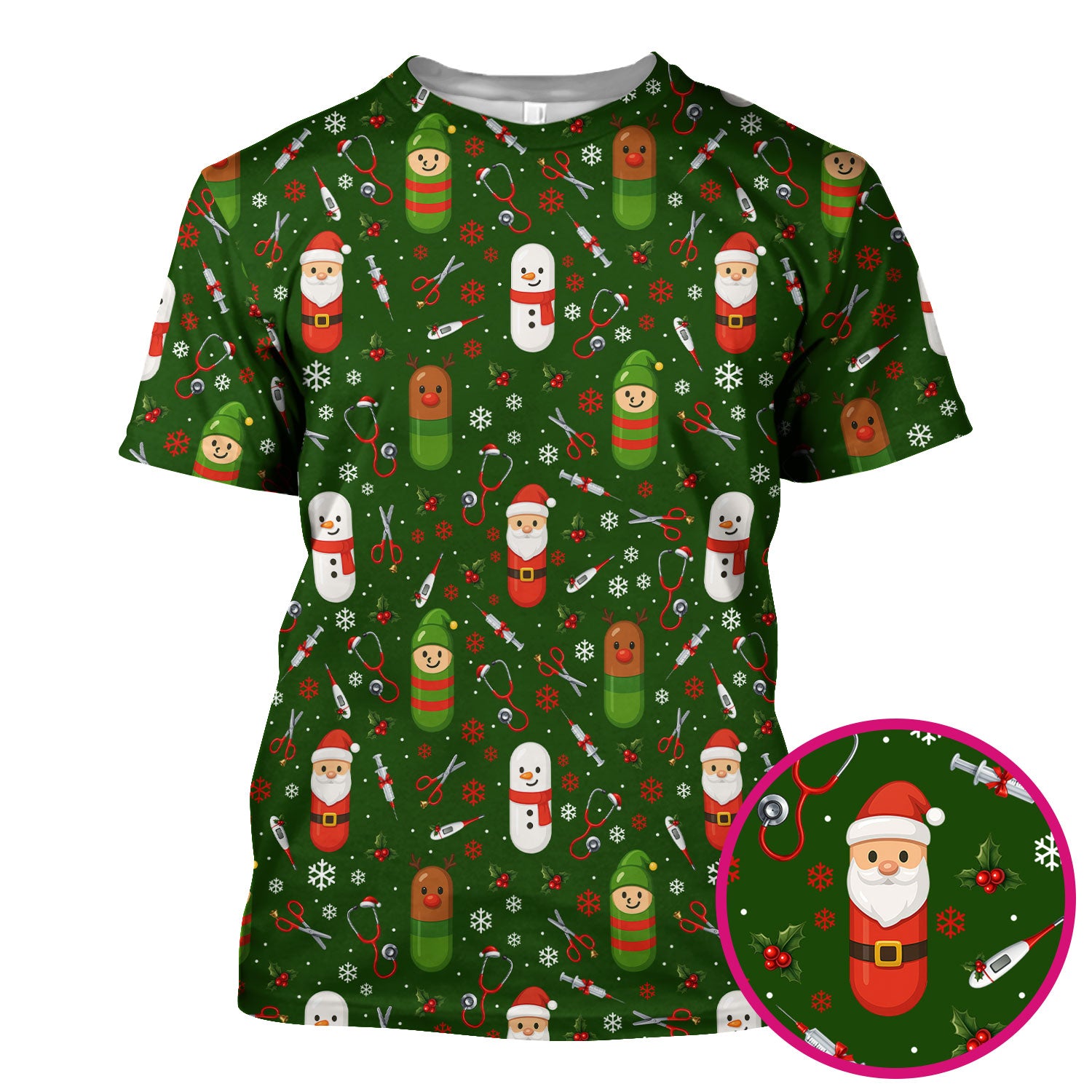 Santa Christmas Scrubs Set - Fun Holiday Pattern with Reindeer and Snowman - Cute Medical Scrub Top and Pants for Nurses