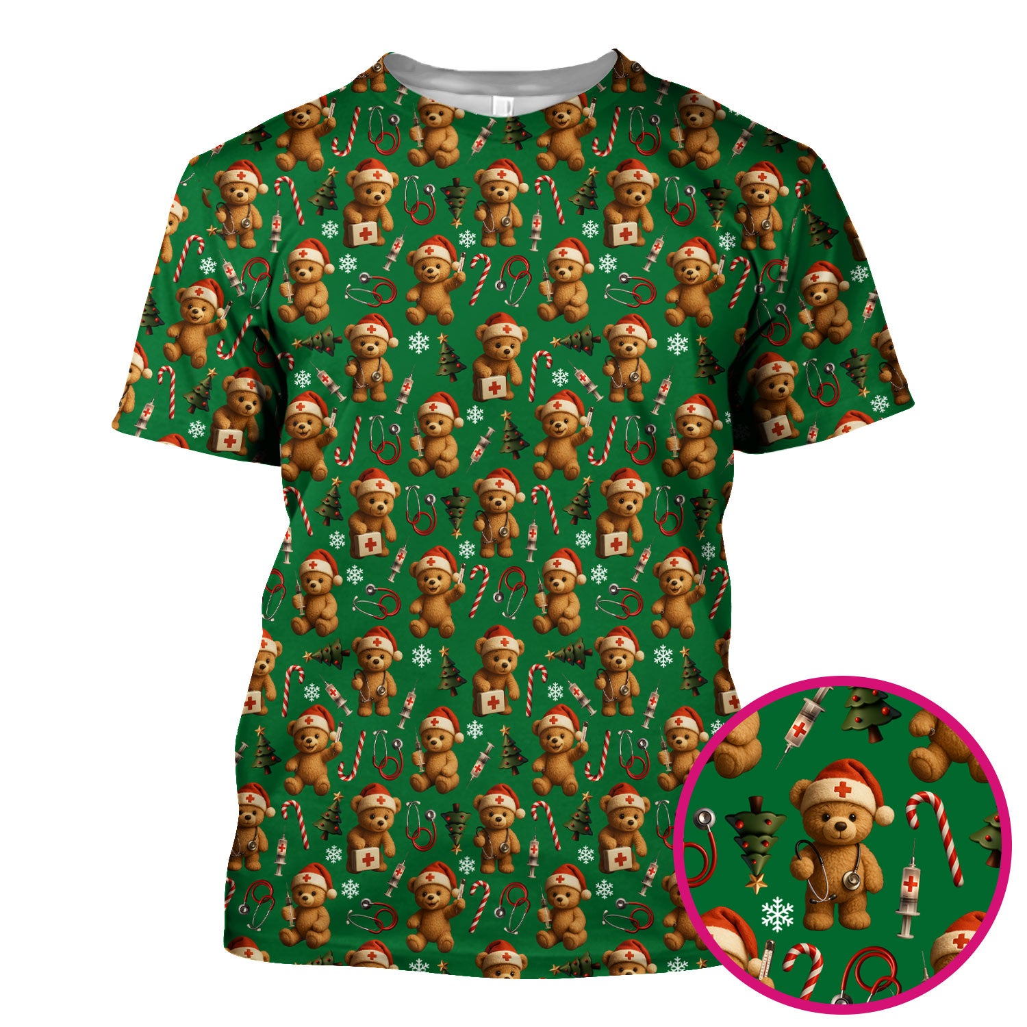 Teddy Bear Christmas Scrubs for Women - Cute Nurse Bear Pattern Medical Scrub Top - Holiday Christmas Scrubs with Fun Festive Design