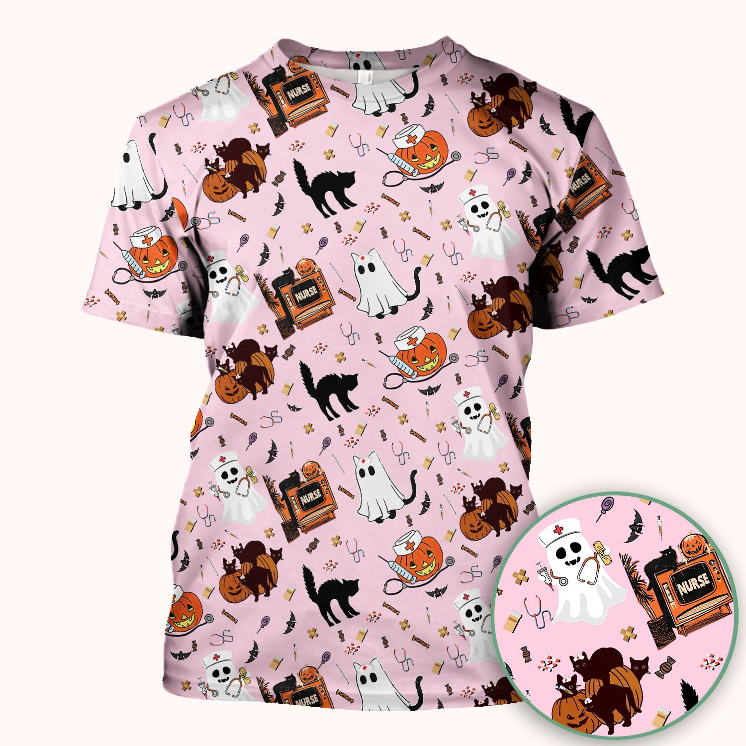 Halloween Scrub Top for Nurse - Cute Pumpkin Ghost Cat Medical Shirt - Spooky Scrubs for Women RN CNA LPN