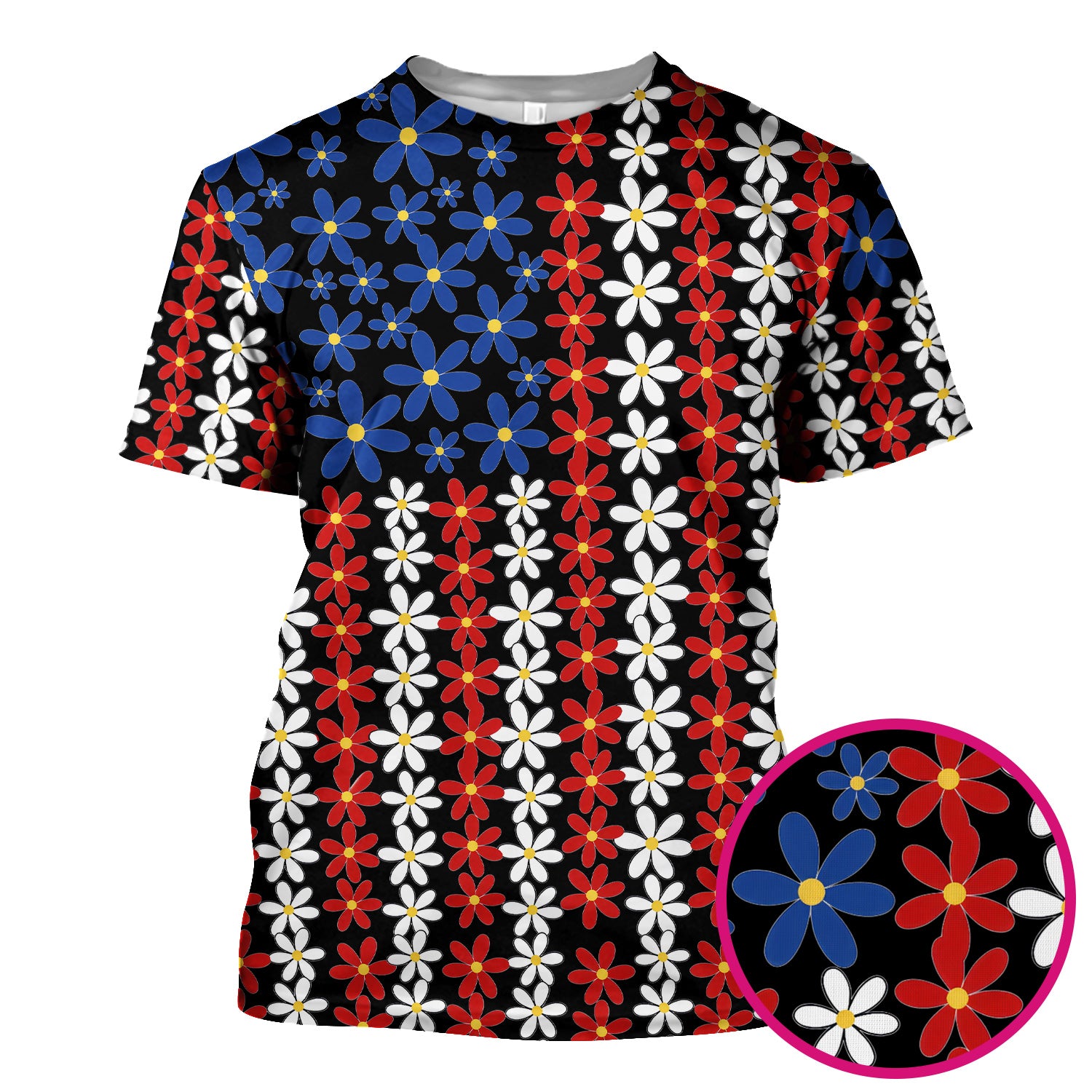 Retro Red Blue Daisy Stripe Pattern Scrub Top, Comfortable Scrubs for Nurses