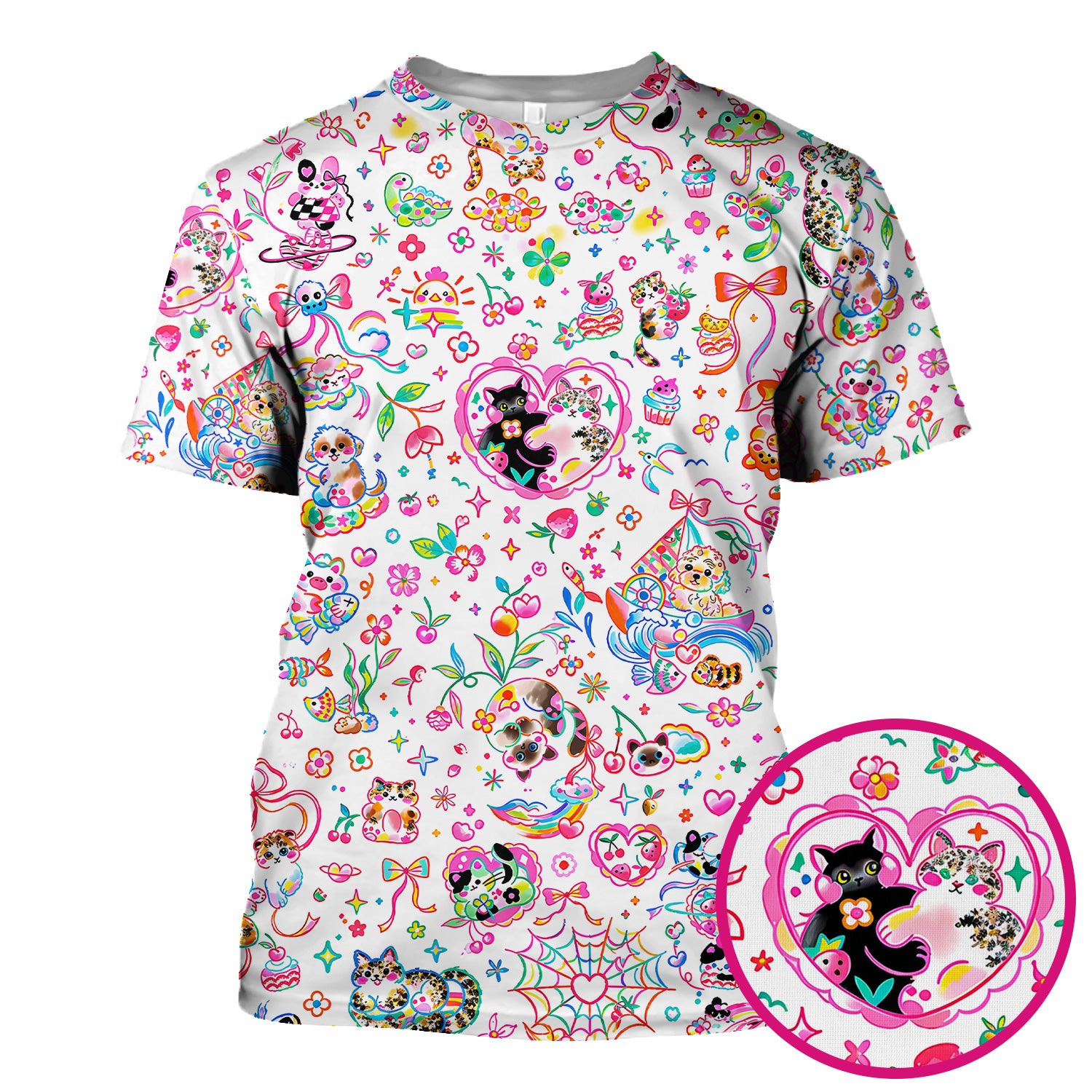 Colorful Kawaii Cat Heart Doodle Pattern Scrub Top, Comfortable Scrubs for Nurses