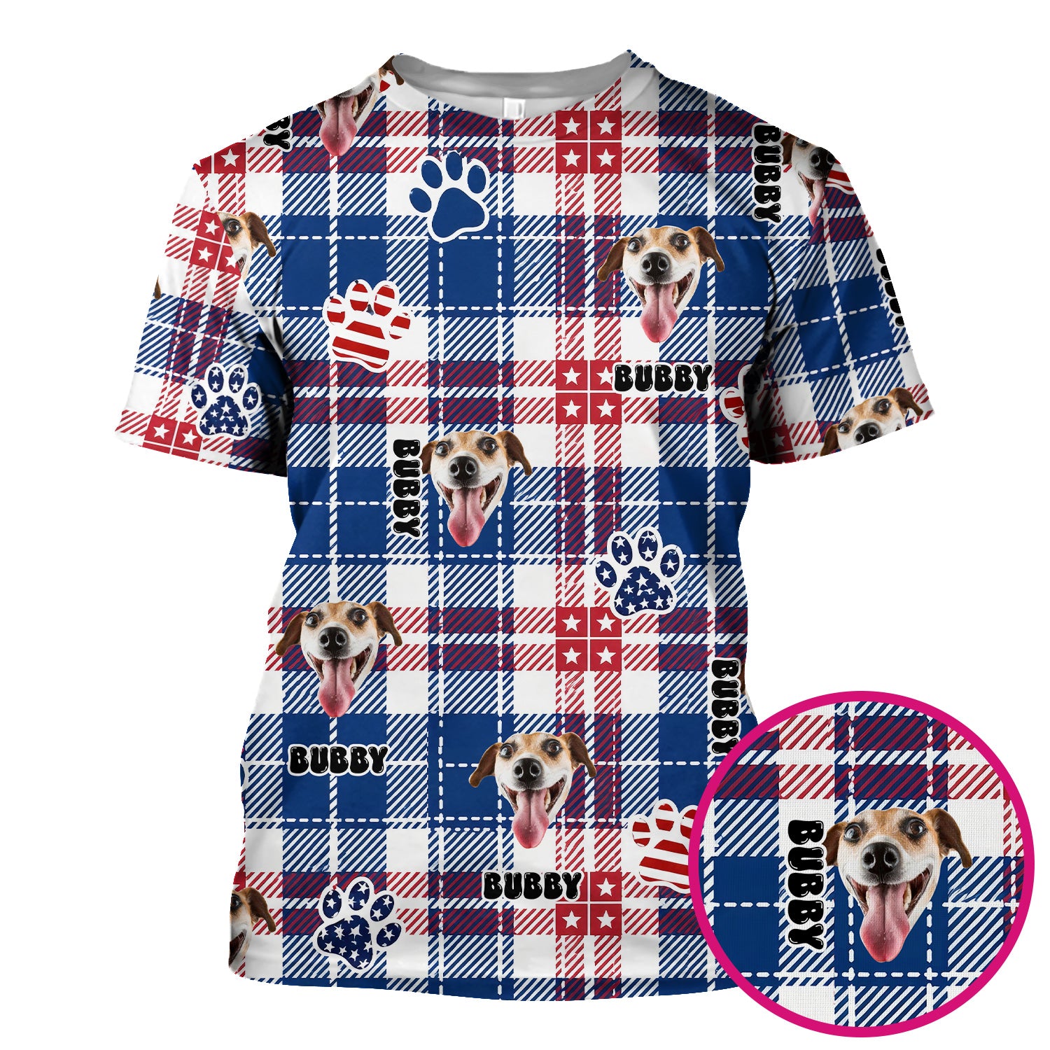 Custom Dog Face Scrub Top, Personalized Patriotic Dog Plaid Pattern Shirt, Custom Name Vet Tech Gift For Nursing