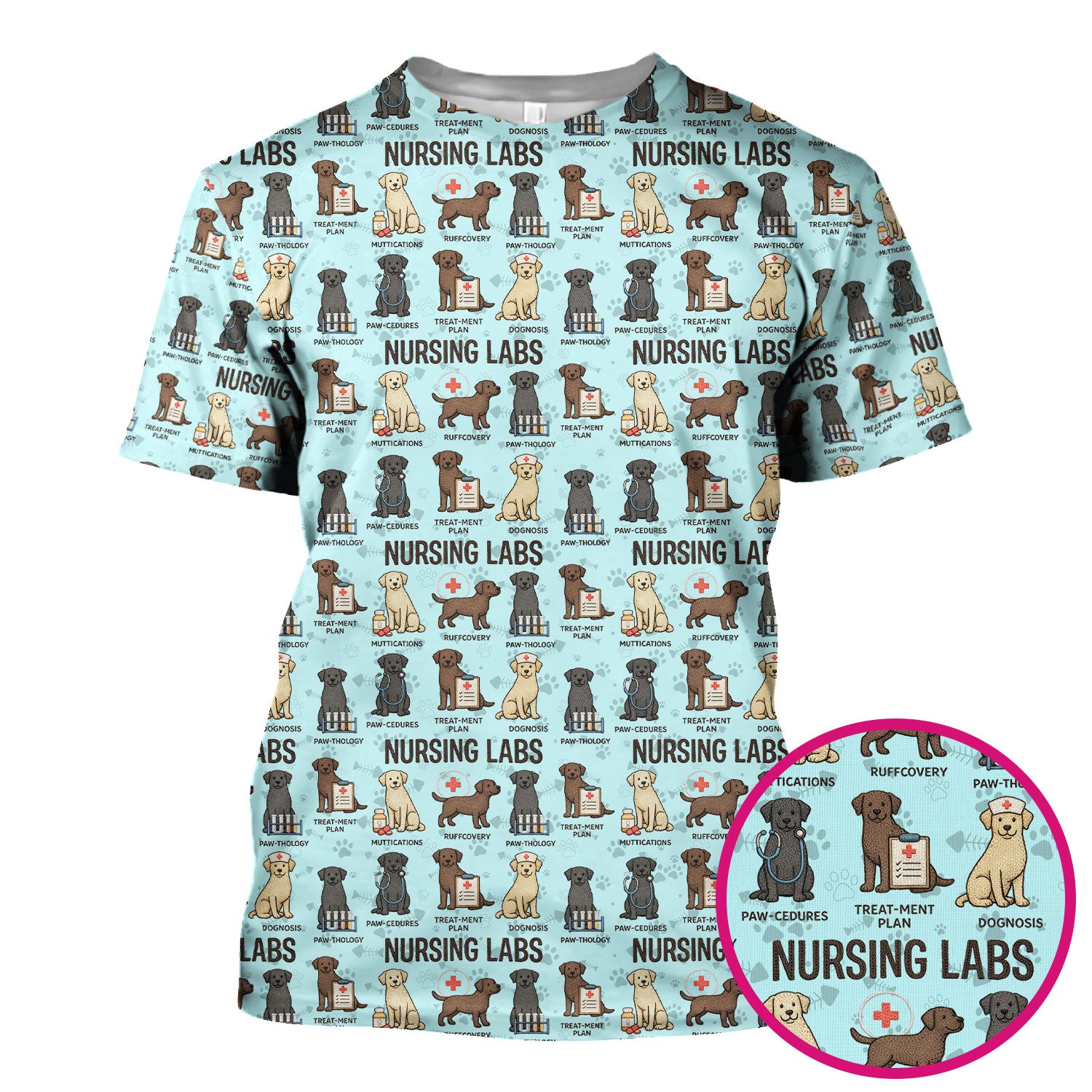 Playful Nursing Labs Dog Pattern Scrub Top, Comfortable Scrubs for Nurses