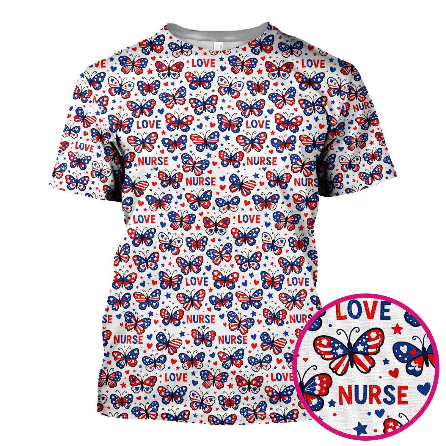 USA Patriotic Butterfly Nurse Scrub Top, Comfortable Uniform Scrubs For Nursing